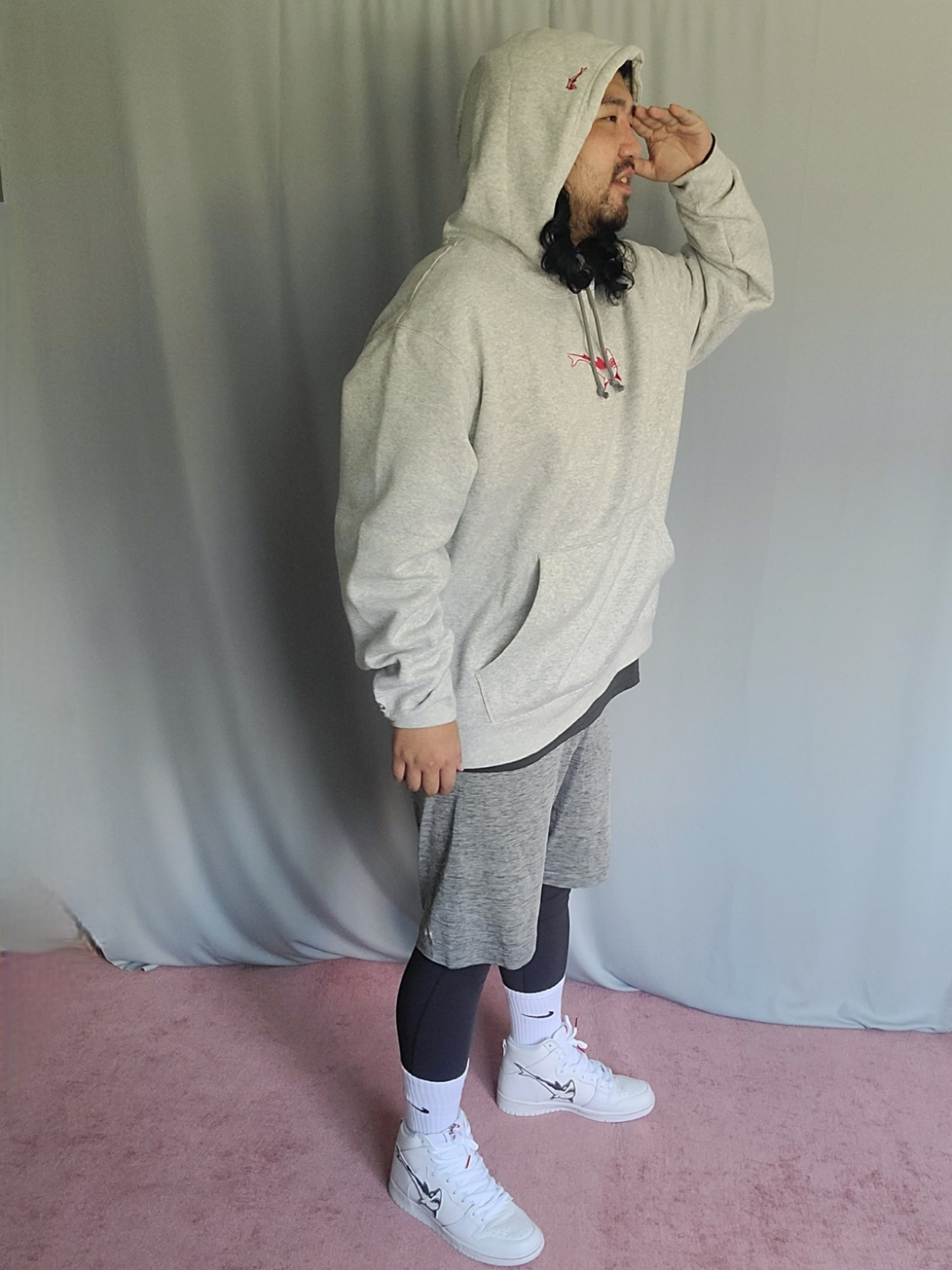 Nike SB x Oski Fleece Skate Hoodie Grey Heather, Nike x Oski SB Dunk High Pro White and Cool Grey 착용 스타일 - 2