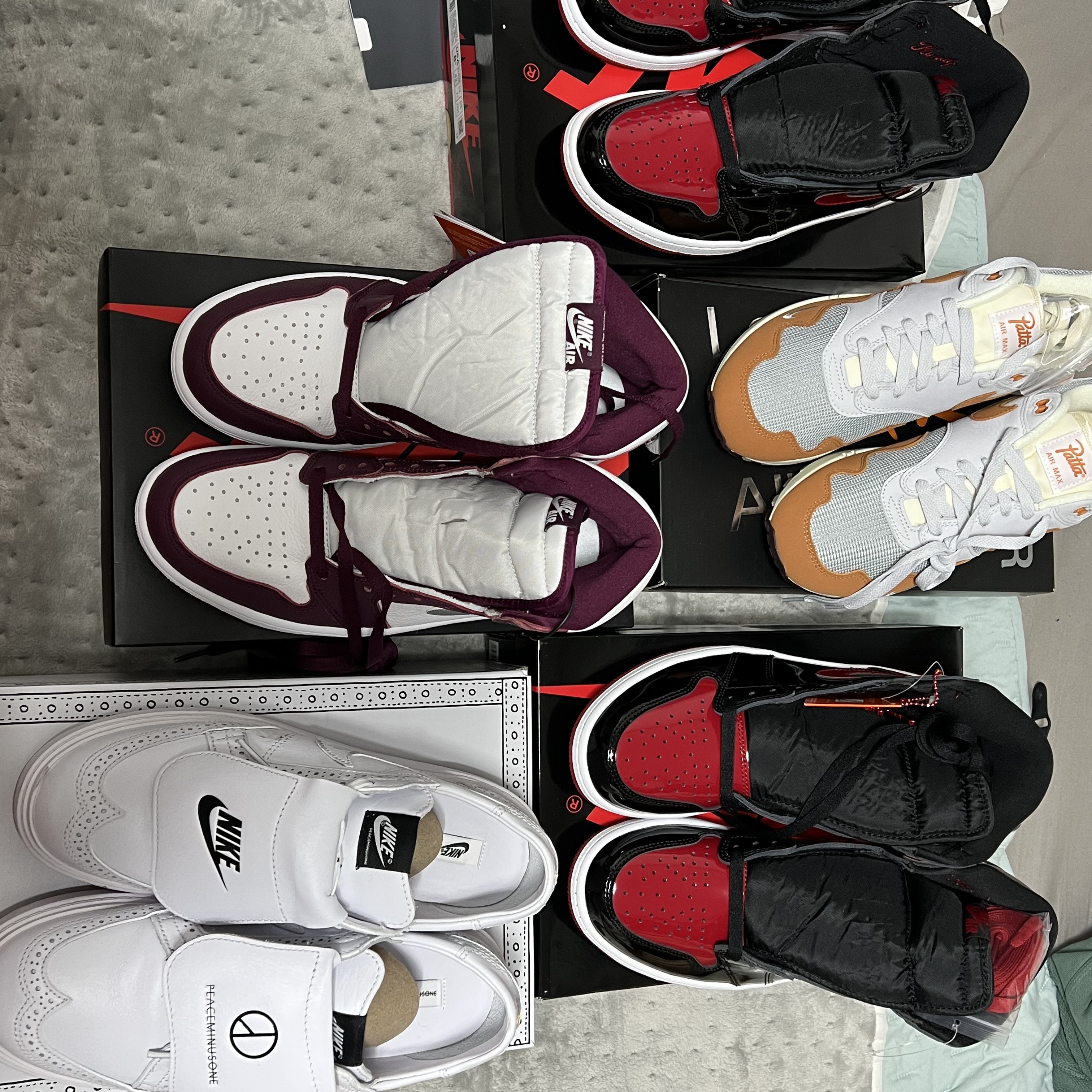 Nike x Peaceminusone Kwondo1 White, Jordan 1 Retro High OG Bordeaux 착용 스타일