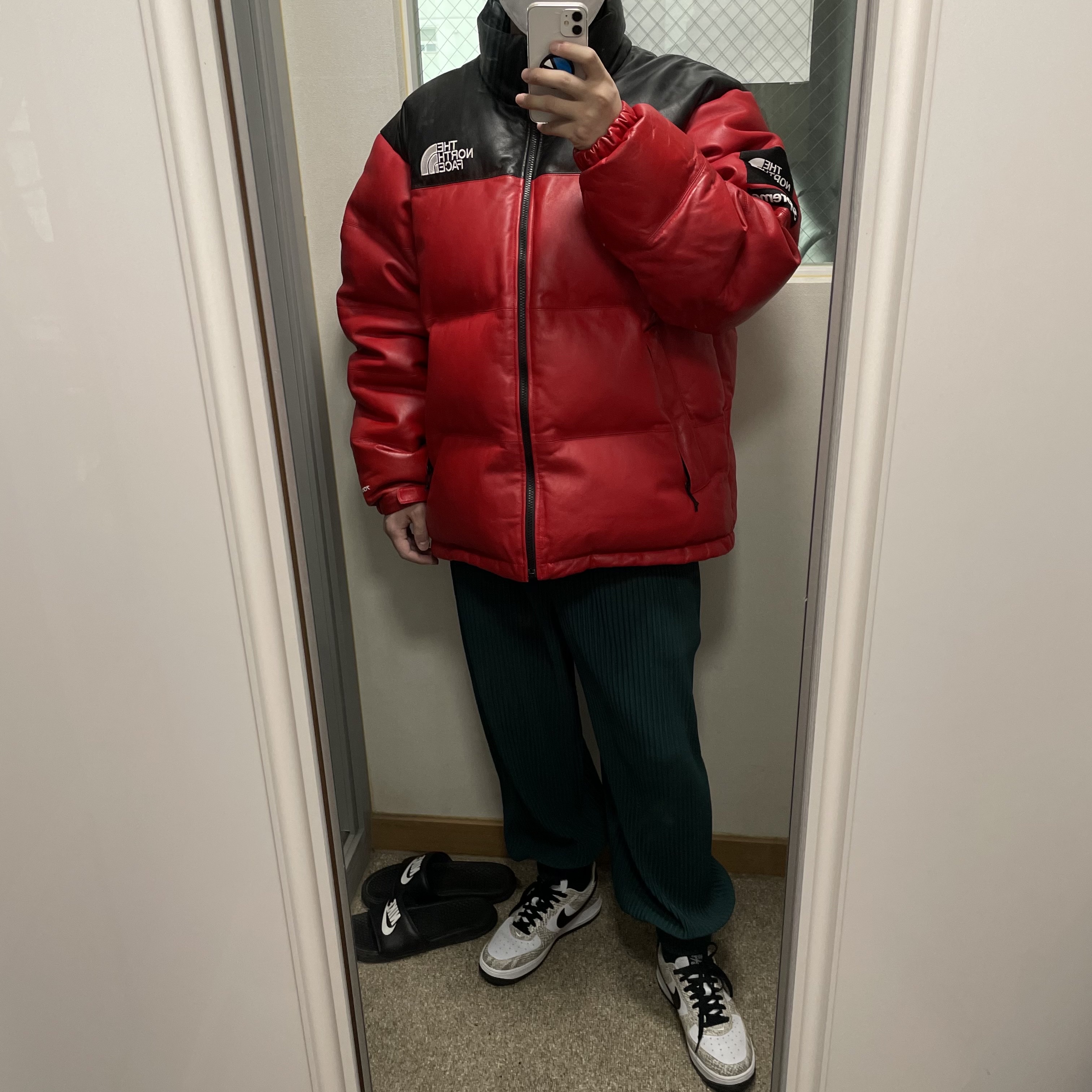 Supreme x The North Face Leather Nuptse Jacket Red - 17FW, Nike Air Force 1 Low Retro Cocoa Snake 2018 착용 스타일