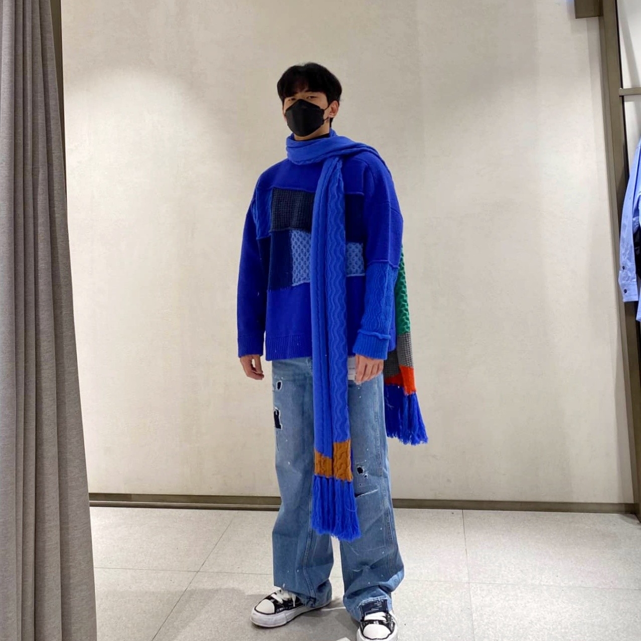Zara x Ader Error Patchwork Jeans Blue, Ader Error x Zara Scarf Blue 착용 스타일