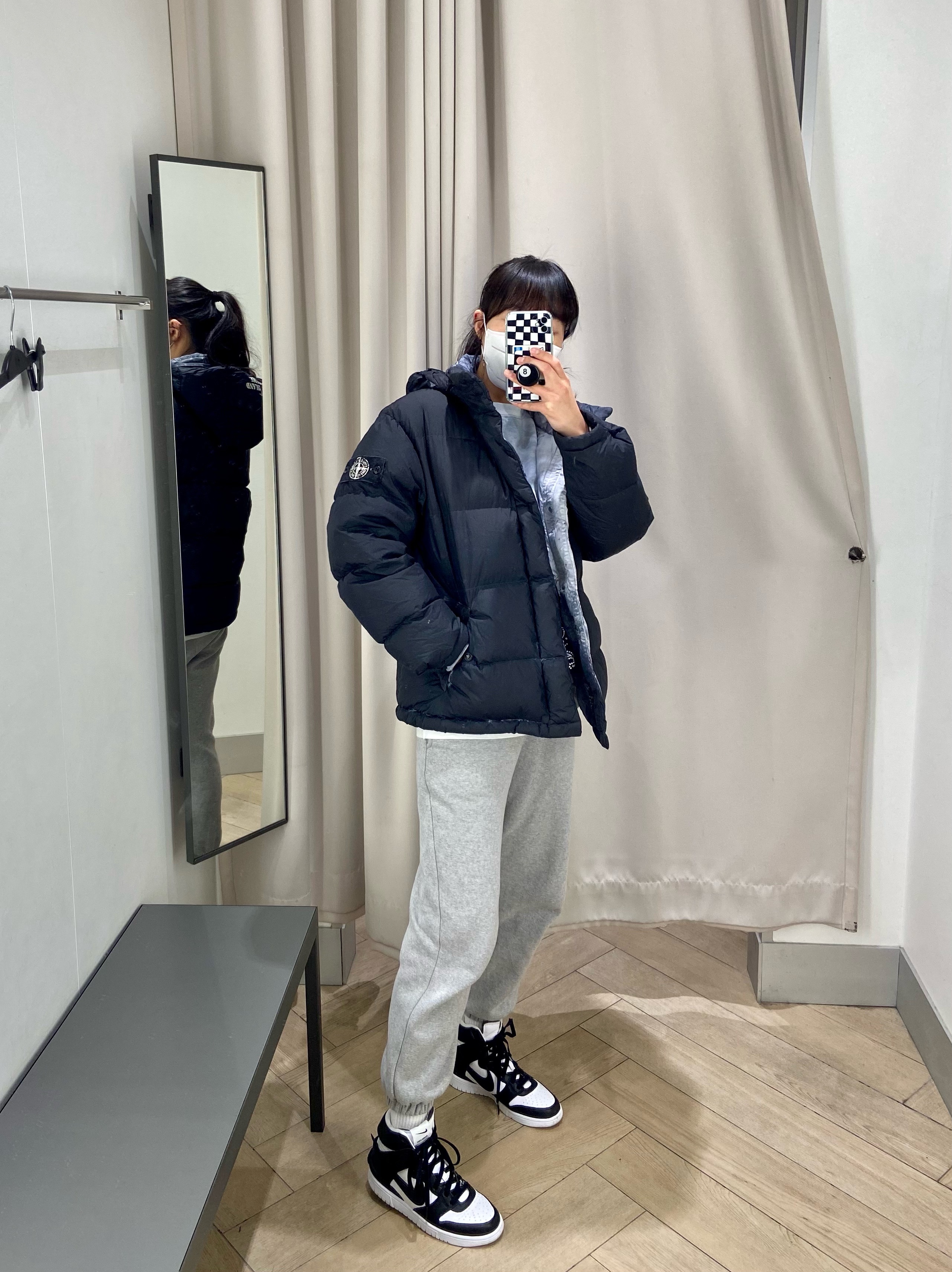 Supreme x Stone Island Painted Camo Crinkle Down Jacket Black - 20FW, Nike x Ambush Dunk High Black 착용 스타일