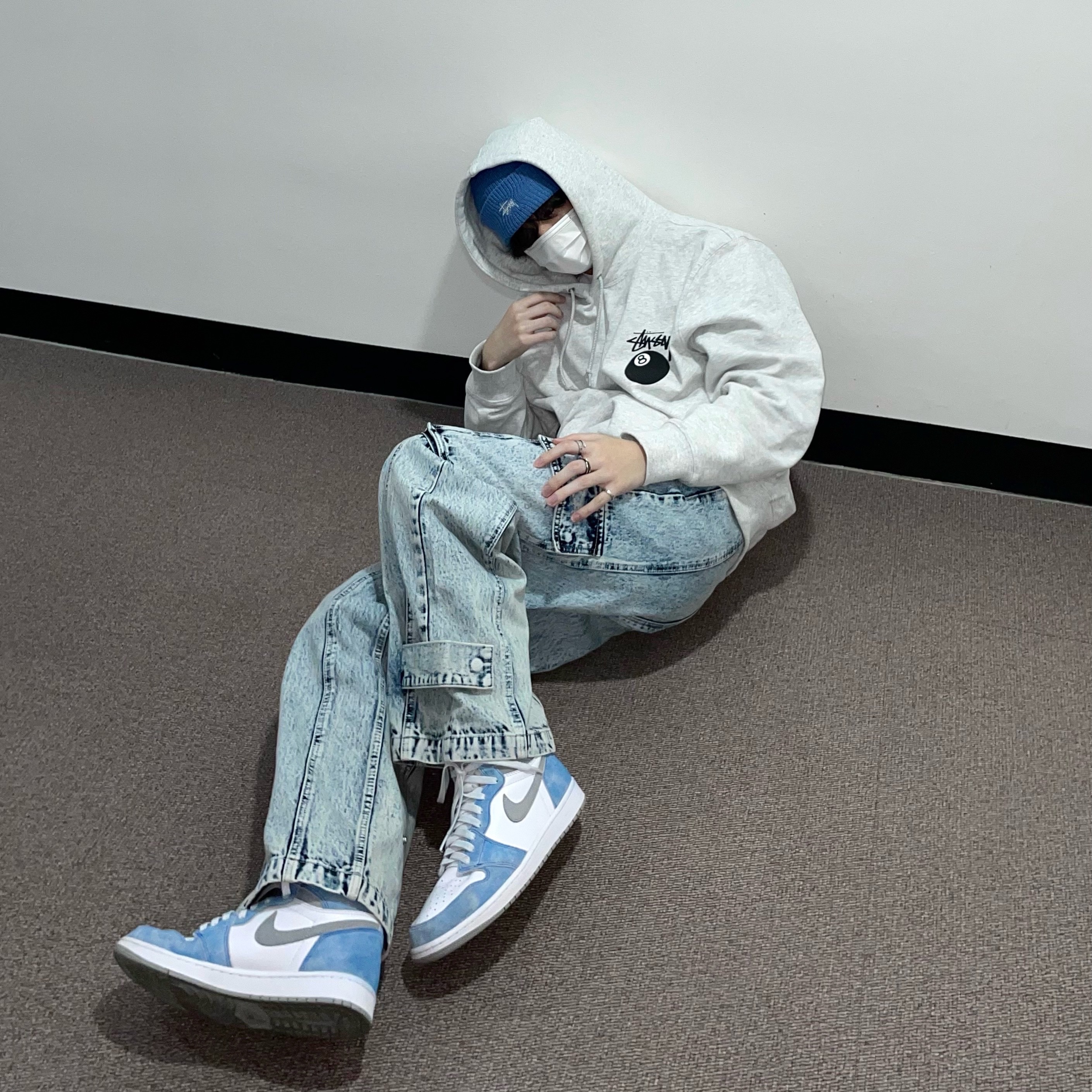 Jordan 1 Retro High OG Hyper Royal, Stussy Basic Cuff Beanie Powder Blue 2021 착용 스타일