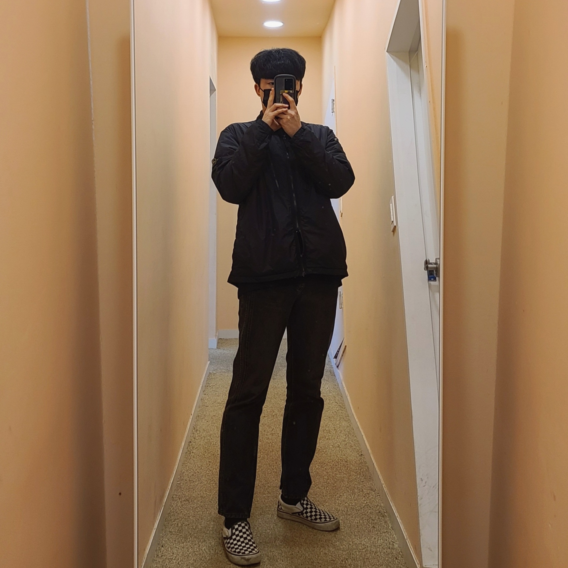 Vans Slip-On 98 DX Anaheim Factory Classic Checkerboard, Stone Island 10523 Garment Dyed Crinkle Reps Overshirt Black - 21FW 착용 스타일