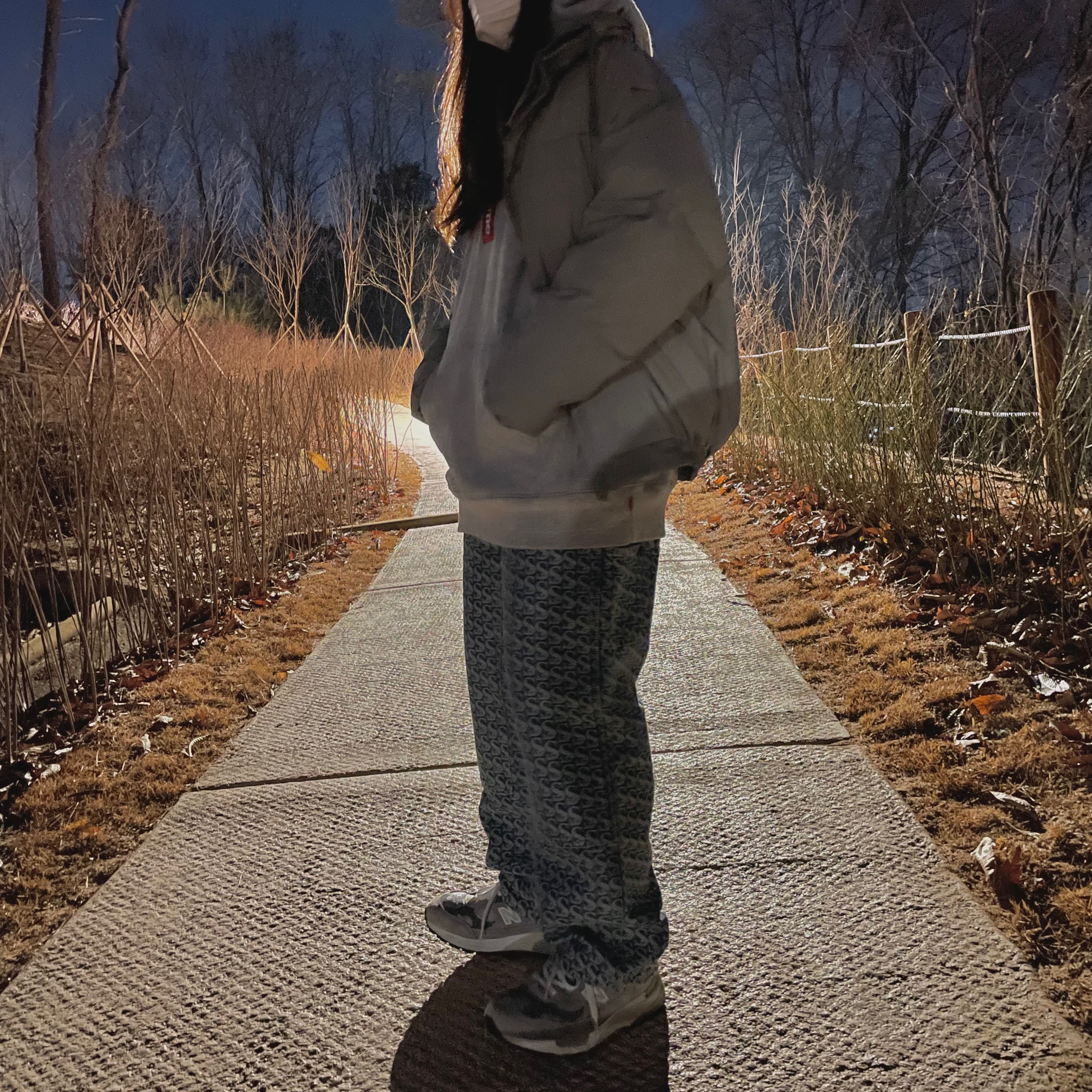 Supreme Monogram Double Knee Denim Painter Pants Blue - 21FW, Essentials Puffer Jacket Silver Reflective - 20SS 착용 스타일 - 1