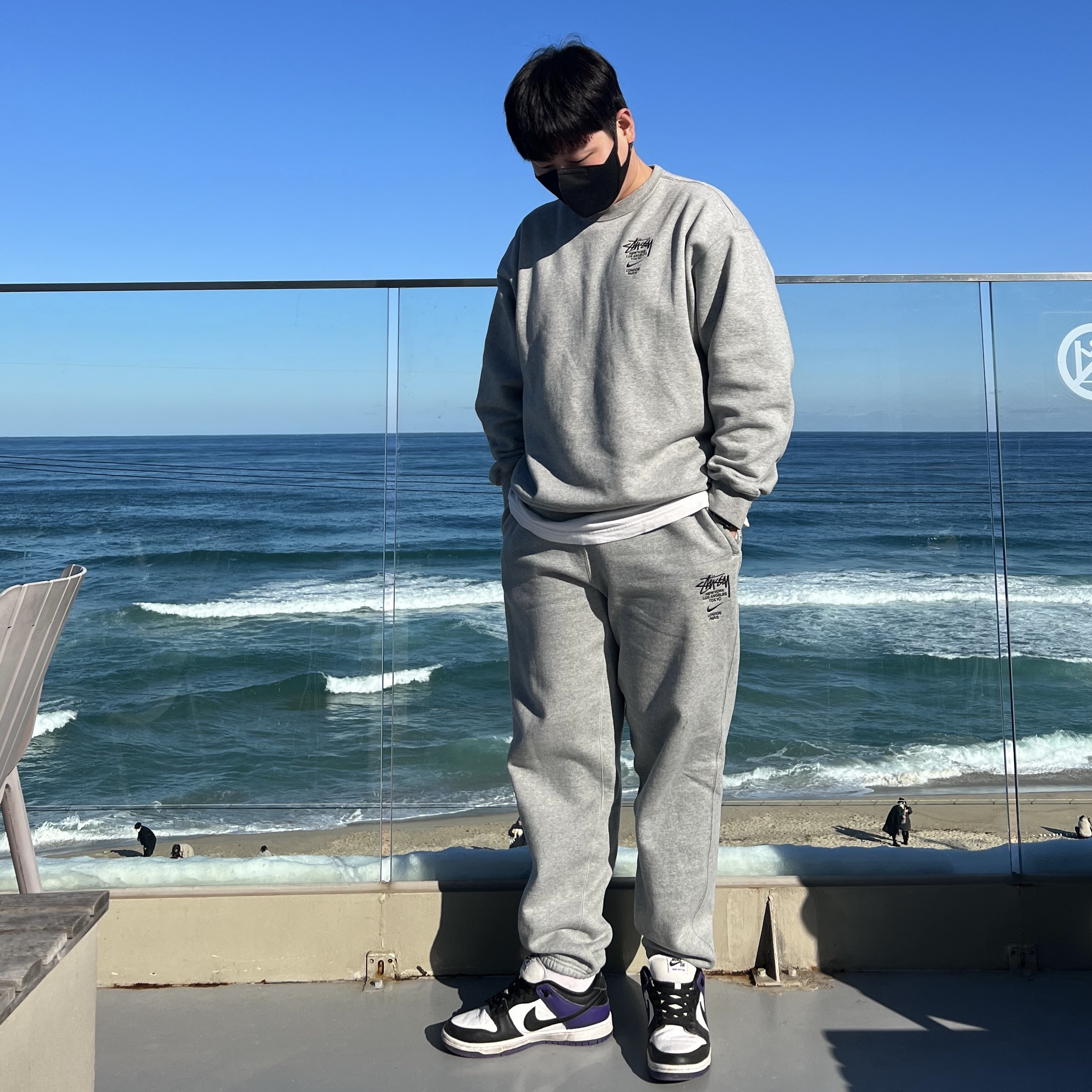 Nike SB Dunk Low Pro Court Purple, Nike x Stussy NRG ZR Fleece Crewneck Heather Grey - US/EU 착용 스타일