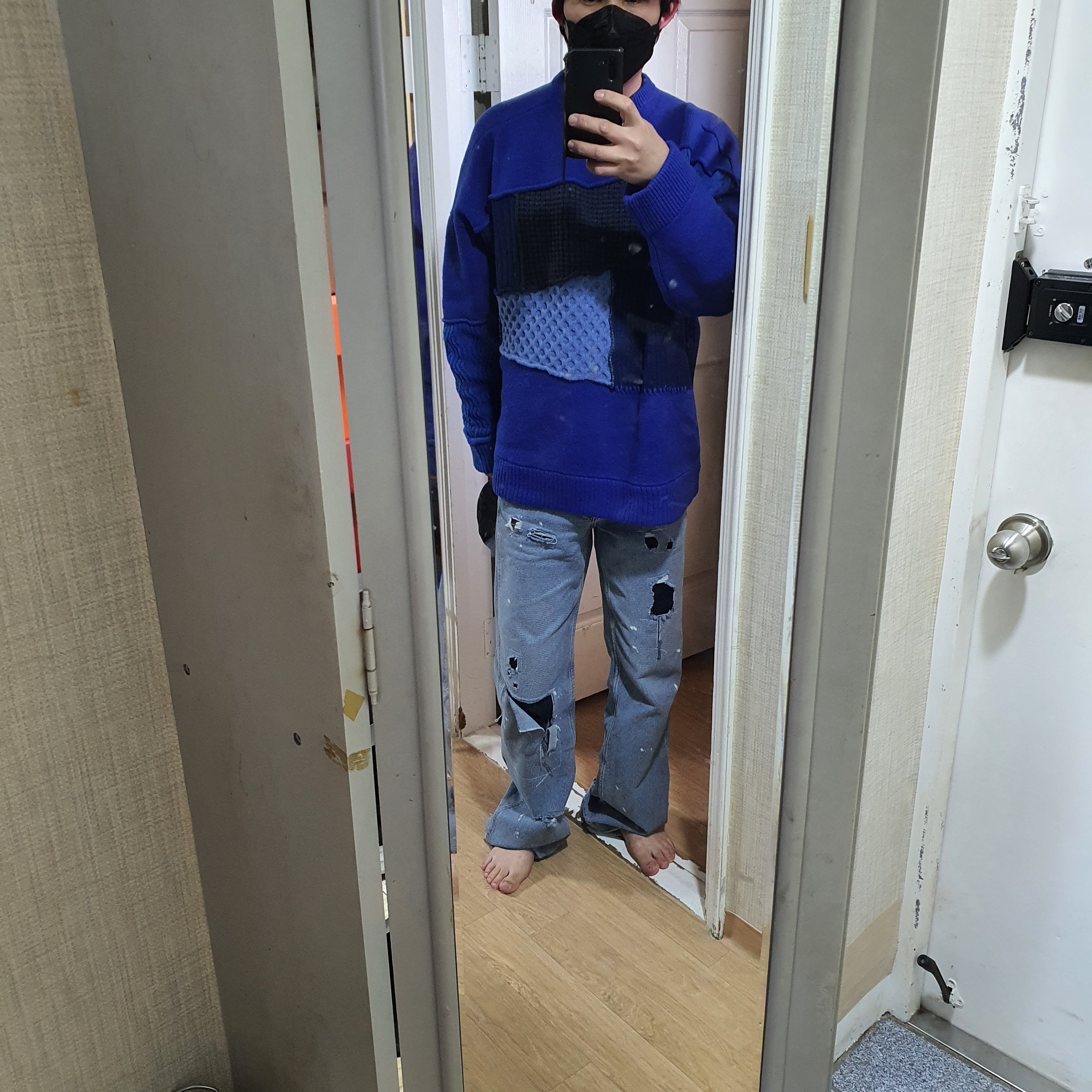 Zara x Ader Error Patchwork Oversize Sweater Blue, Zara x Ader Error Patchwork Jeans Blue 착용 스타일