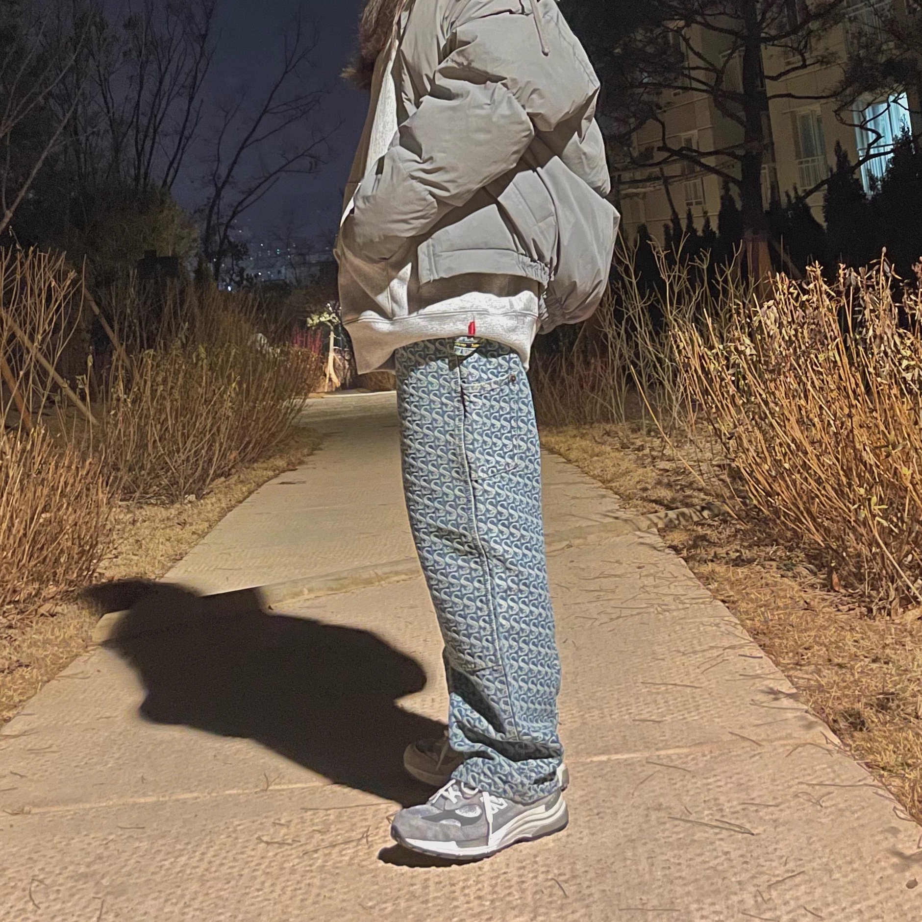 Supreme Monogram Double Knee Denim Painter Pants Blue - 21FW, Essentials Puffer Jacket Silver Reflective - 20SS 착용 스타일 - 2