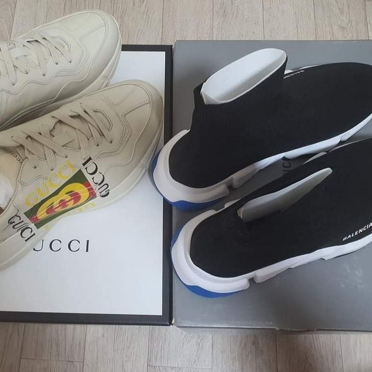Balenciaga Speed Trainer Black Blue, Gucci Rhyton Leather Sneakers Square Logo 착용 스타일
