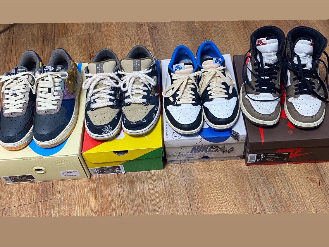 Jordan 1 x Travis Scott x Fragment Retro Low OG SP Military Blue, Jordan 1 x Travis Scott Retro High OG SP Mocha 착용 스타일