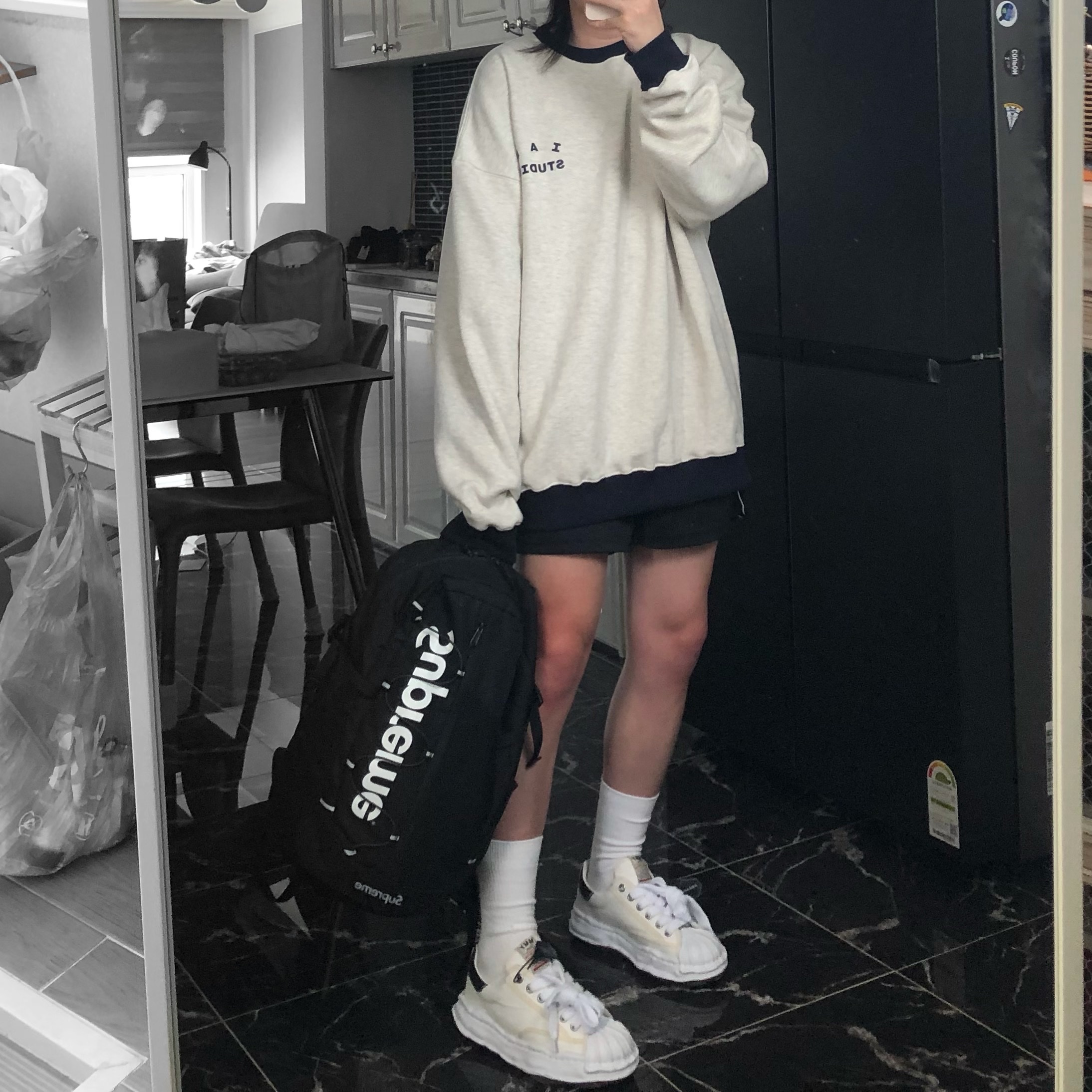 Maison Mihara Yasuhiro Blakey OG Sole Canvas Low-top Sneakers White, Supreme Backpack Black - 18FW 착용 스타일 - 1