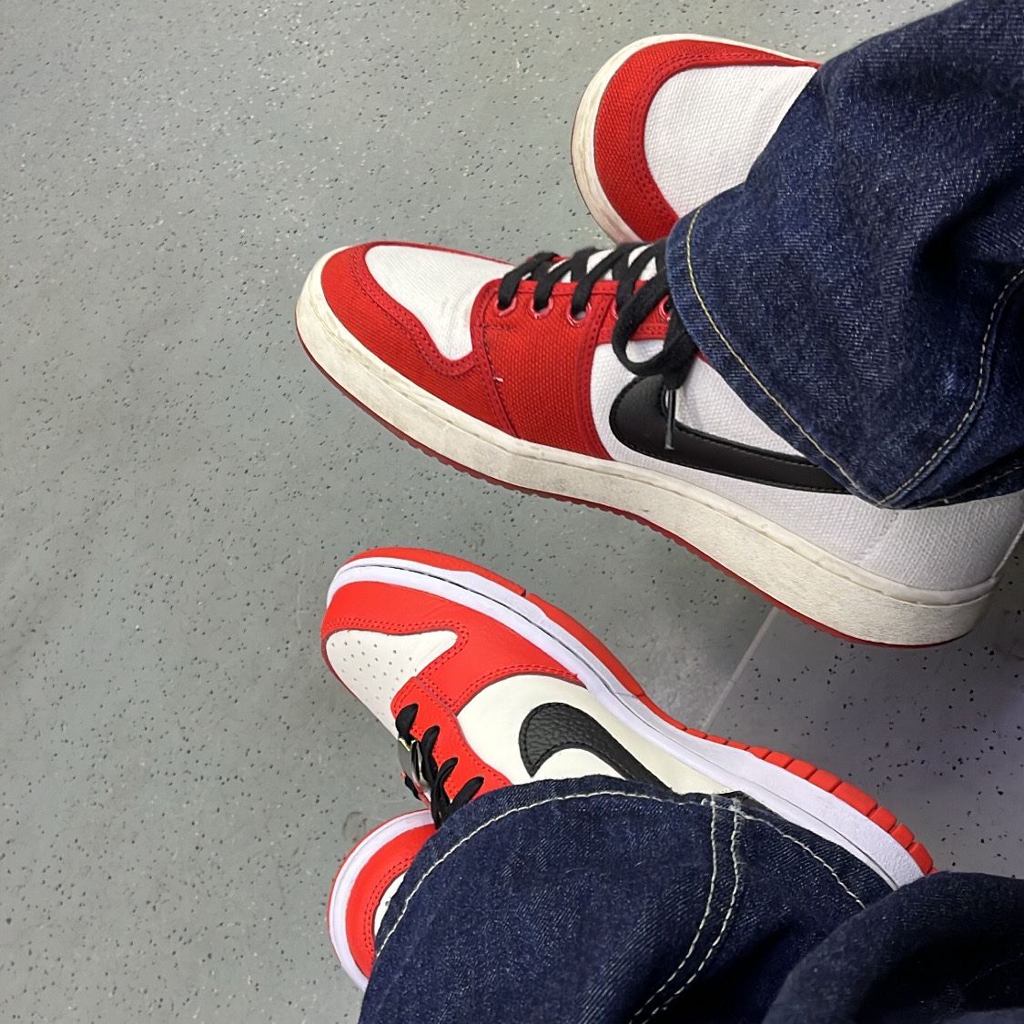 (GS) Nike x NBA Dunk Low Black and Chile Red, Jordan 1 KO Chicago 2021 착용 스타일