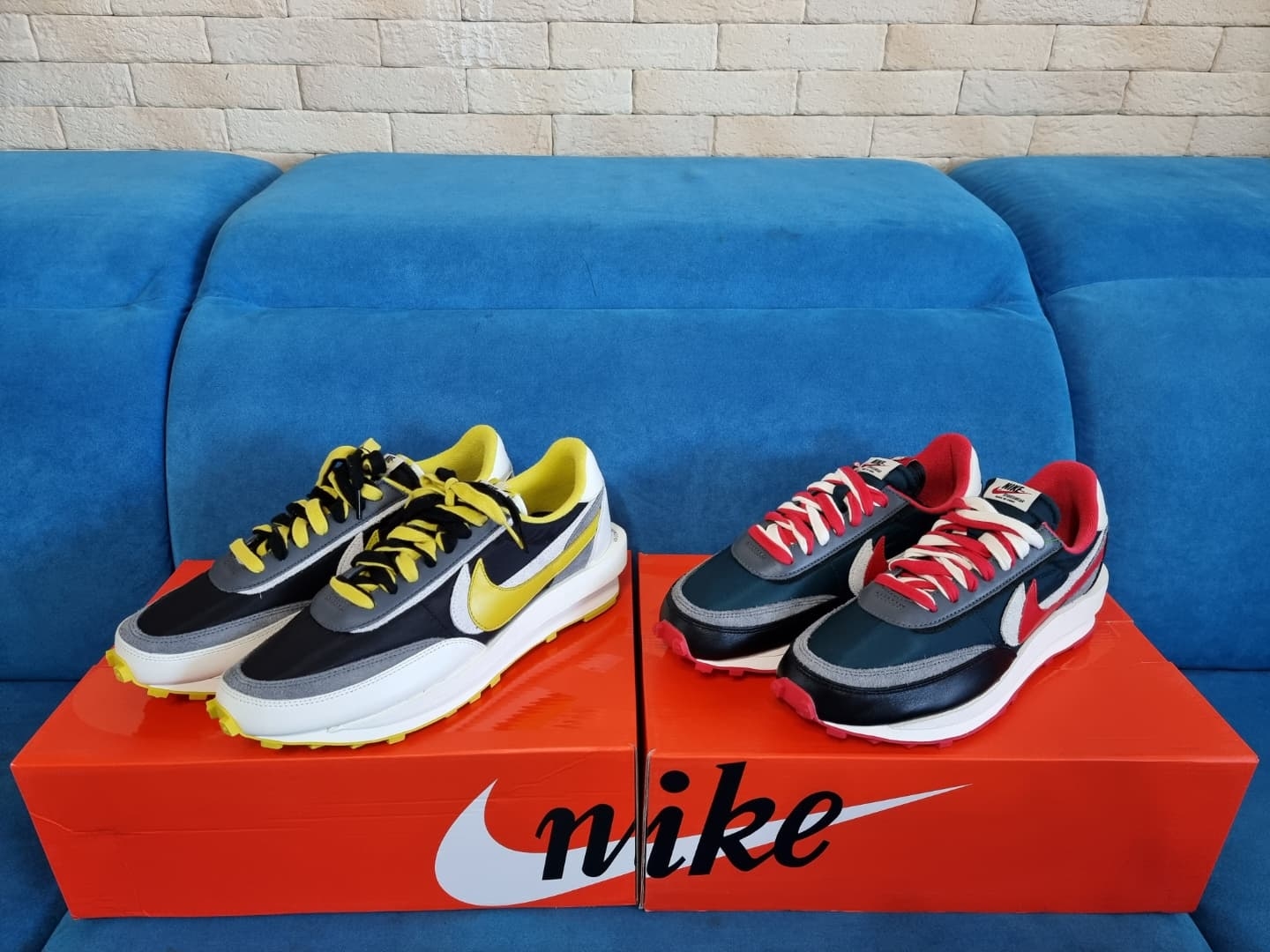 Nike x Sacai x Undercover LDWaffle Black Bright Citron, Nike x Sacai x Undercover LDWaffle Midnight Spruce University Red 착용 스타일 - 1