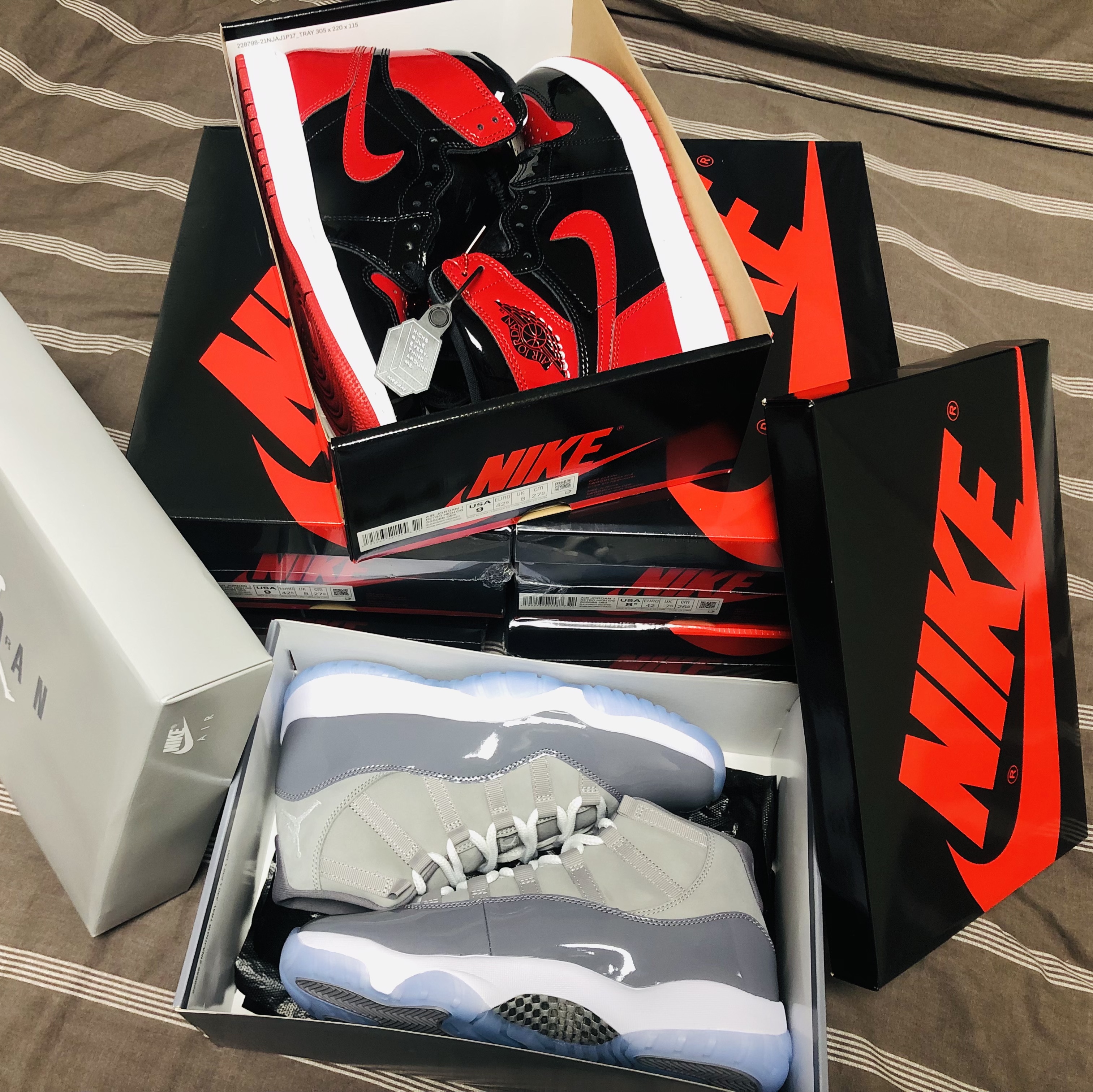 Jordan 1 Retro High OG Patent Bred, Jordan 11 Retro Cool Grey 2021 착용 스타일