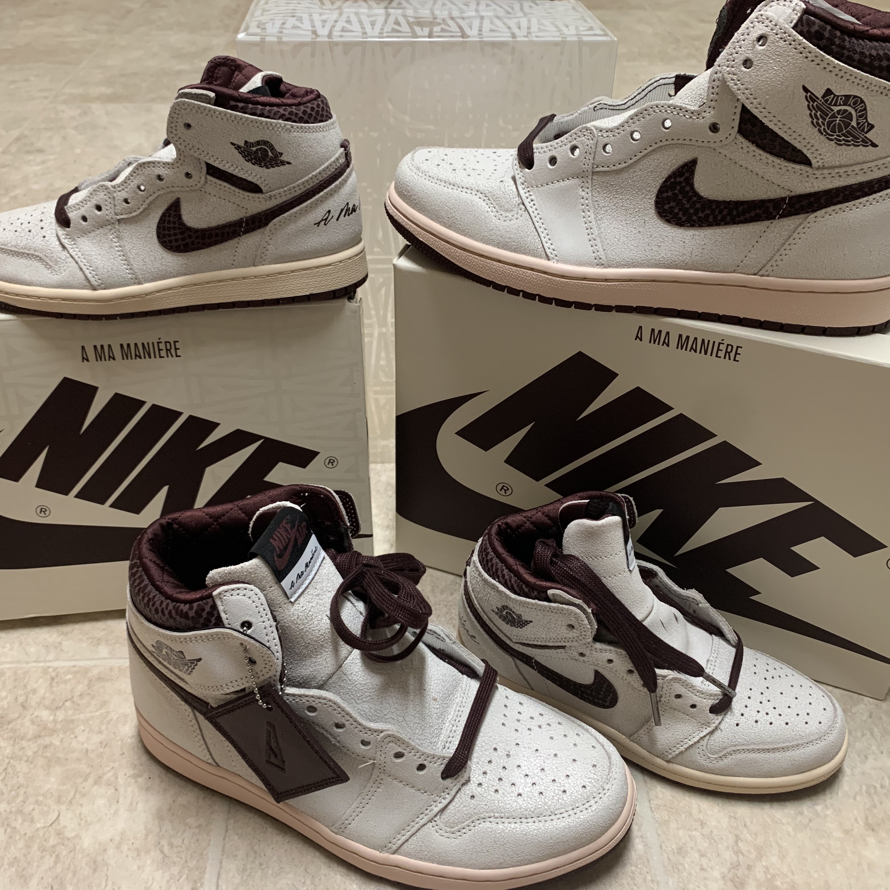 Jordan 1 x A Ma Maniere Retro High OG SP Sail and Burgundy, (PS) Jordan 1 x A Ma Maniere Retro High OG SP Burgundy and Sail 착용 스타일