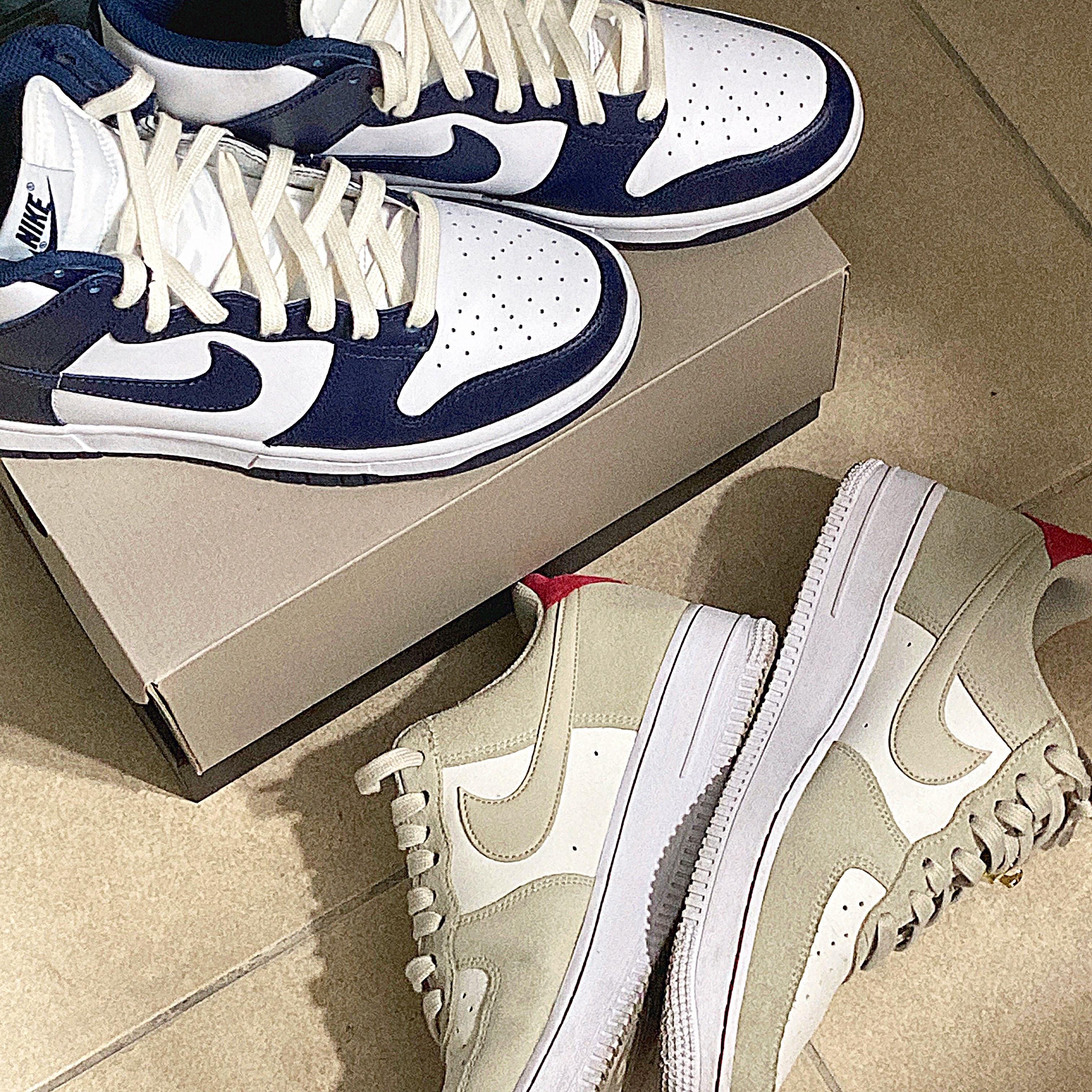 Nike Air Force 1 '07 SE First Use Light Stone, Nike Dunk High Retro Championship Navy 착용 스타일