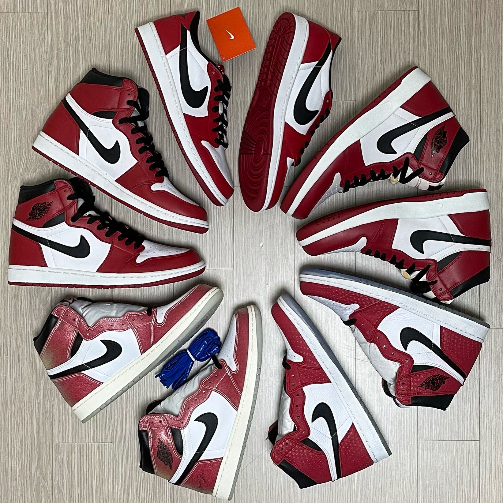 Jordan 1 x Trophy Room Retro High OG SP Chicago (Friends & Family), Jordan 1 Retro High Spider-Man Origin Story 착용 스타일