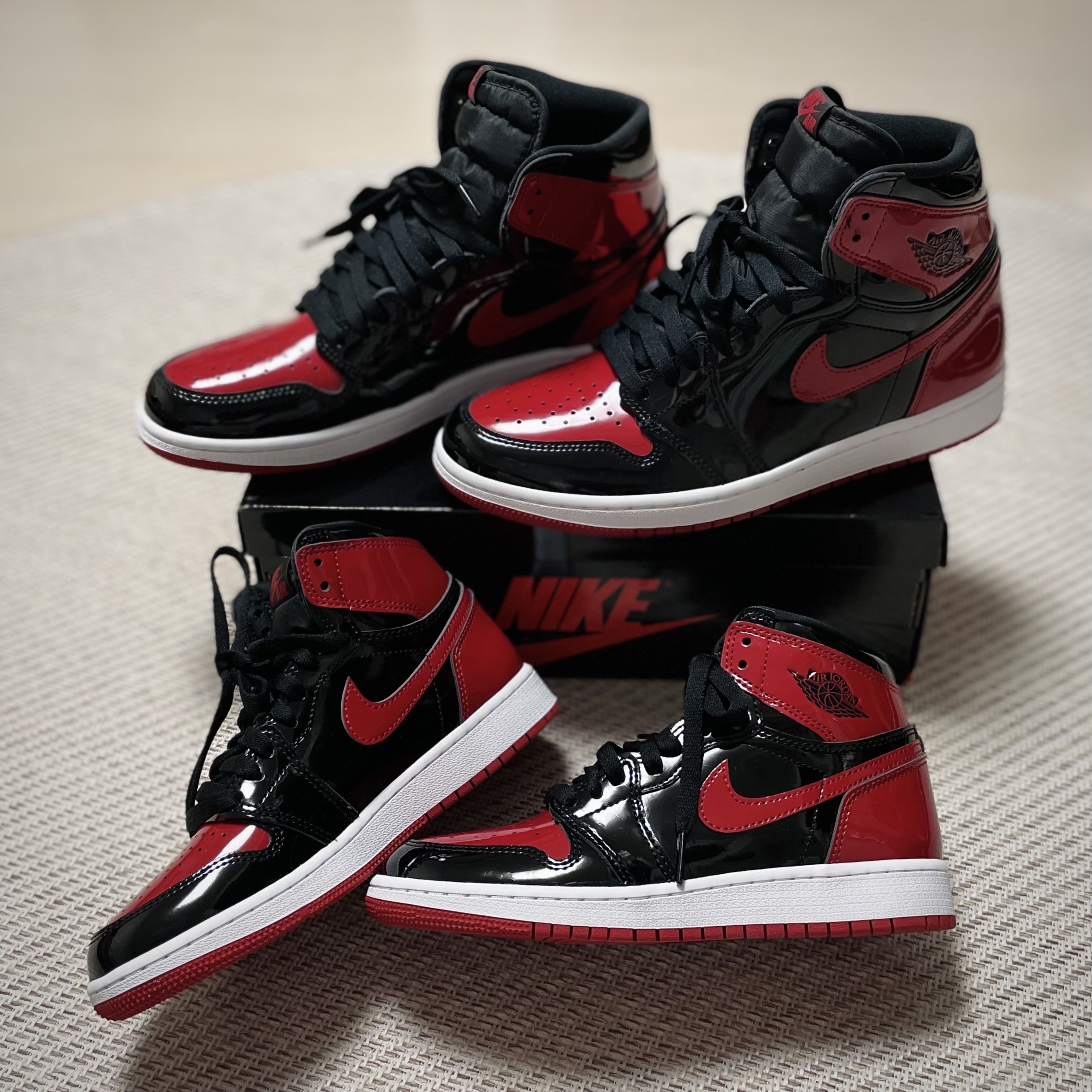 Jordan 1 Retro High OG Patent Bred, (GS) Jordan 1 Retro High OG Patent Bred 착용 스타일