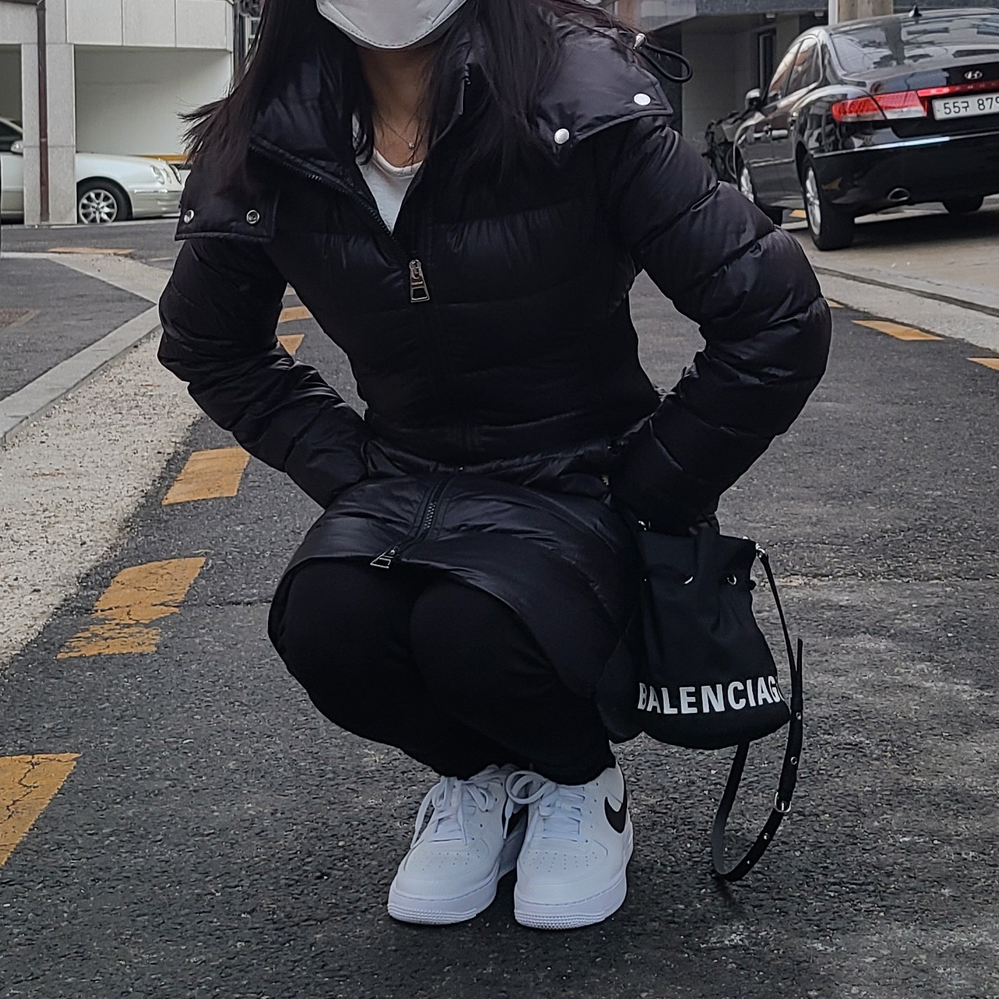 (GS) Nike Air Force 1 White Black 착용 스타일