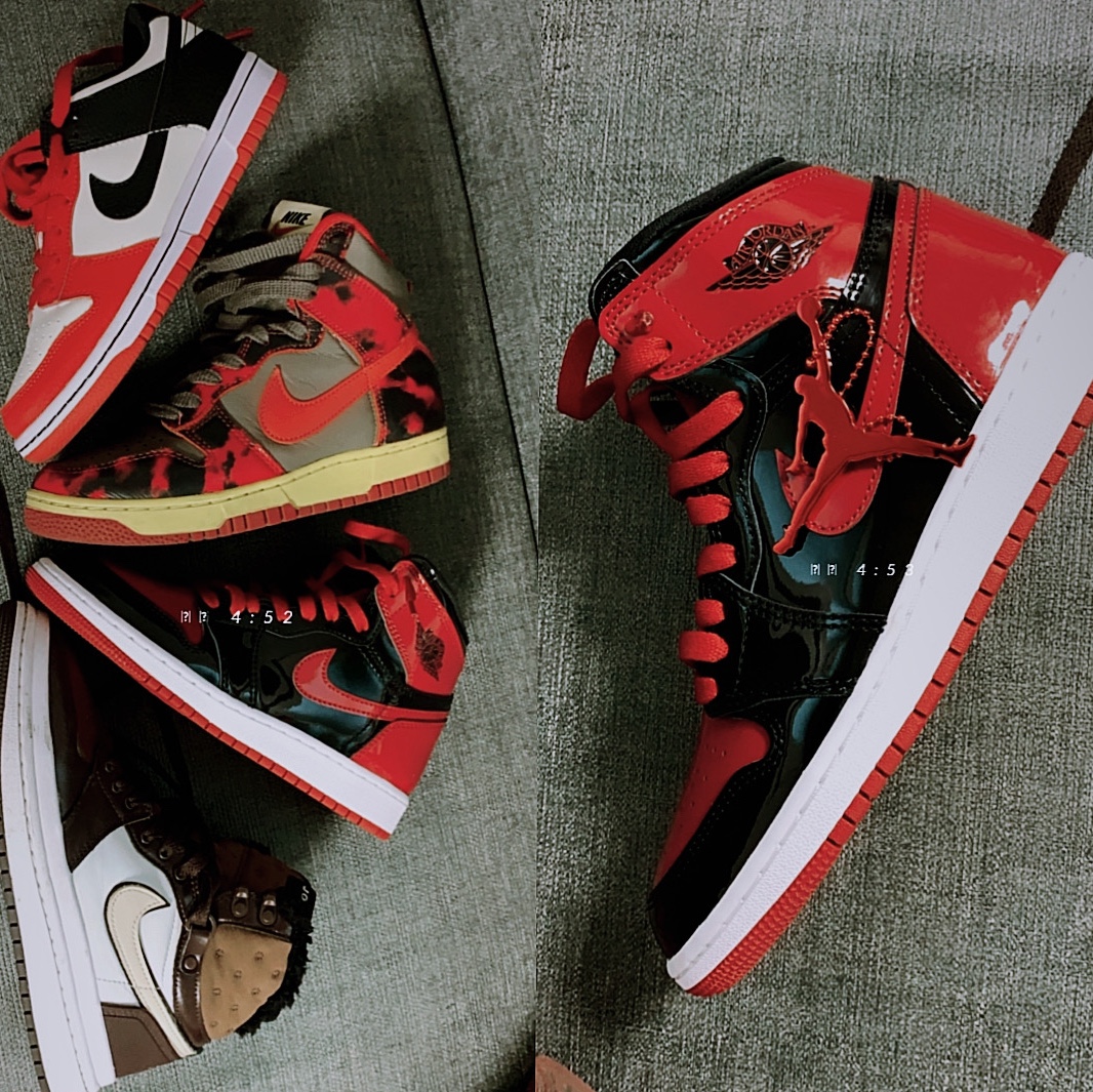 Jordan 1 Retro High OG Patent Bred, (GS) Jordan 1 Retro High OG Patent Bred 착용 스타일 - 1
