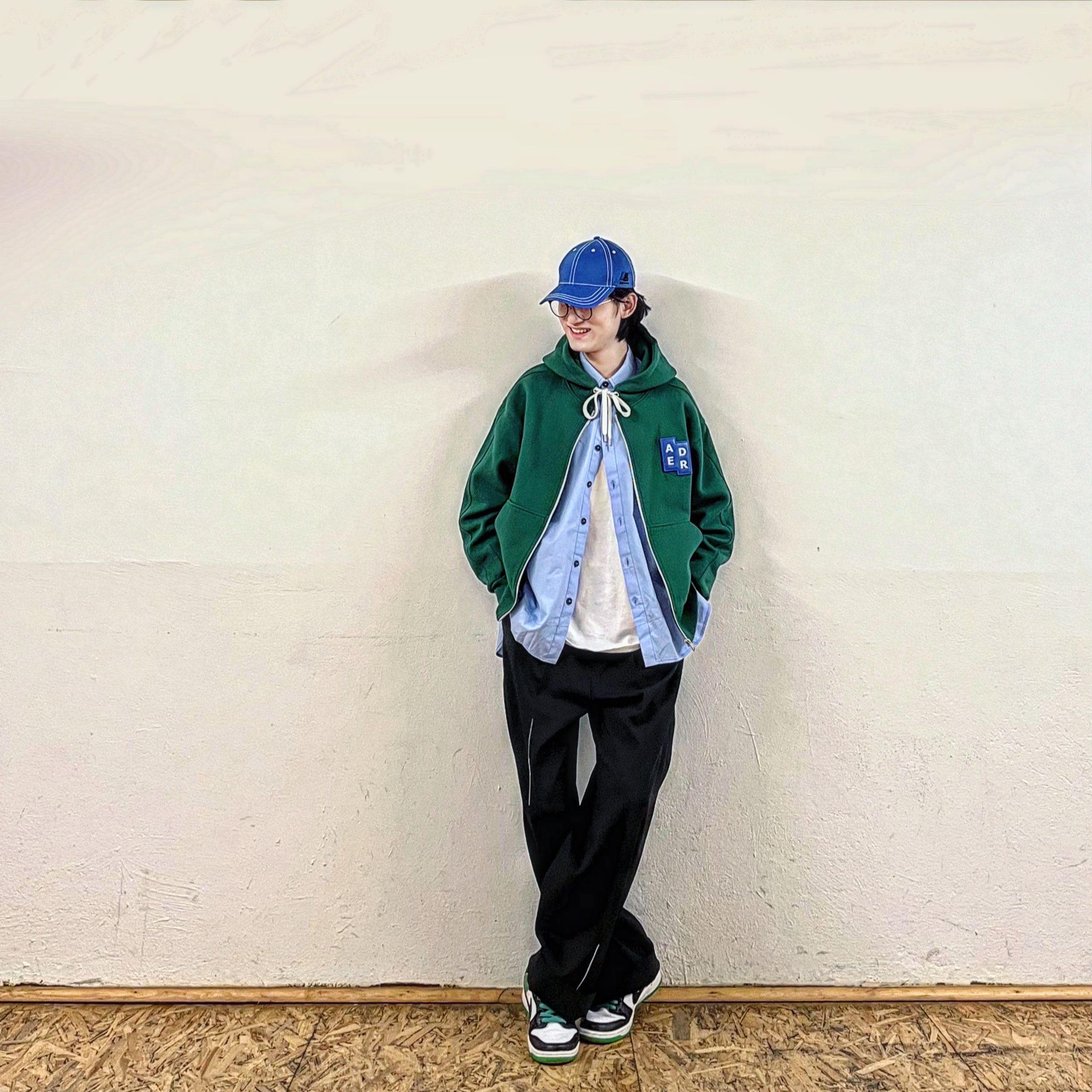 Zara x Ader Error Oversized Shirt Sky Blue, Ader Error x Zara Twill Cap Blue 착용 스타일