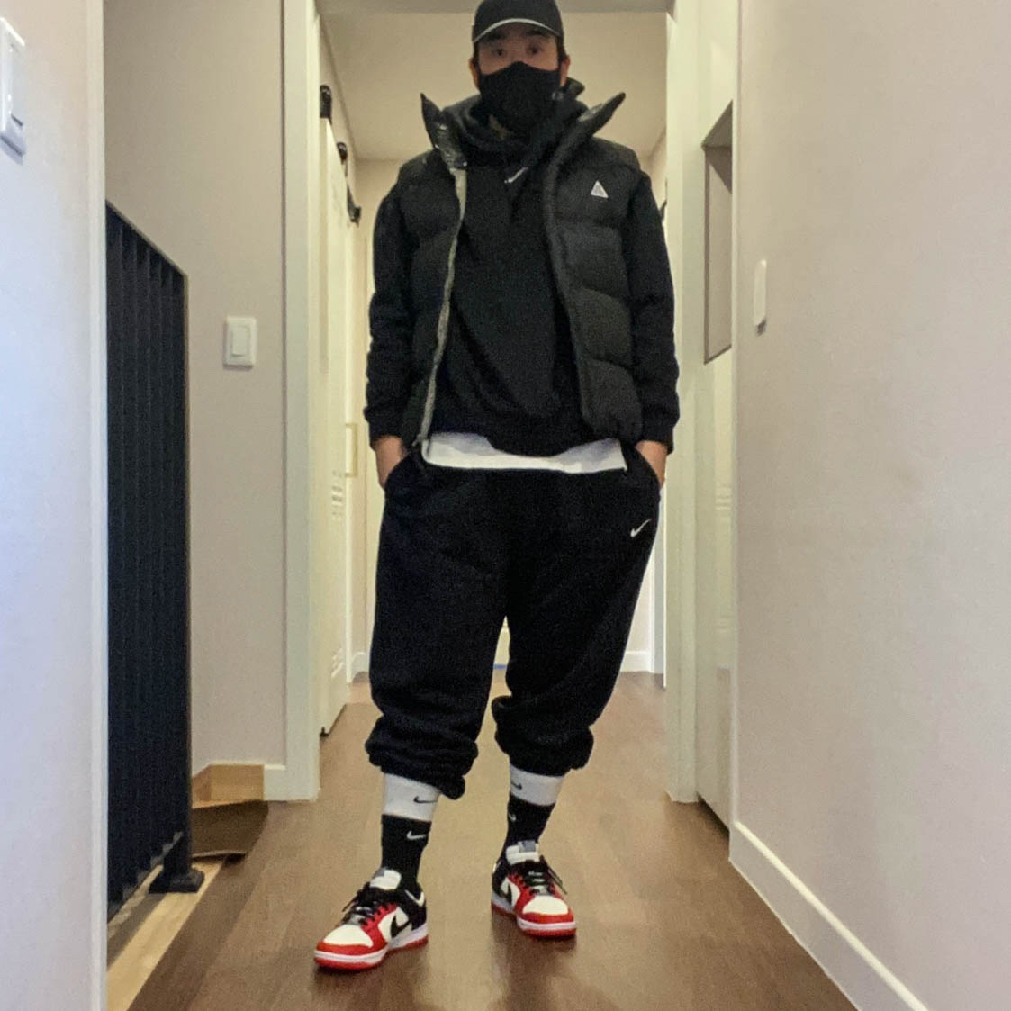 Nike ACG Therma-Fit ADV Lunar Lake Puffer Vest Black - US/EU, Nike x NBA Dunk Low Retro EMB Black and Chile Red 착용 스타일