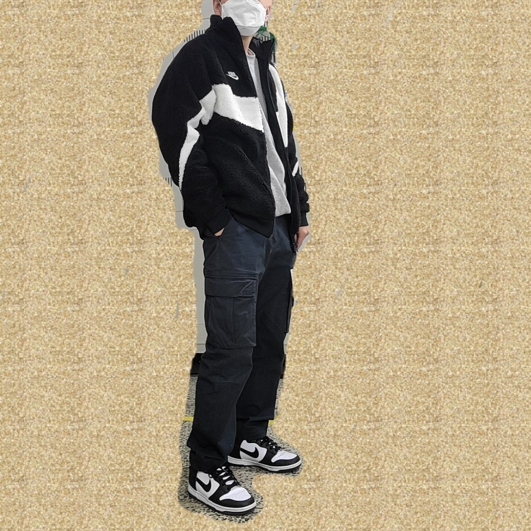 Nike Big Swoosh Full Zip Jacket Black Sail, Nike Dunk High Retro Black and White 착용 스타일 - 1
