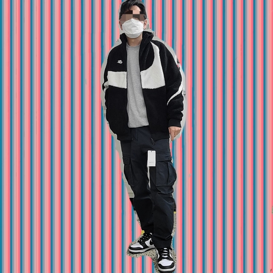 Nike Big Swoosh Full Zip Jacket Black Sail, Nike Dunk High Retro Black and White 착용 스타일 - 2