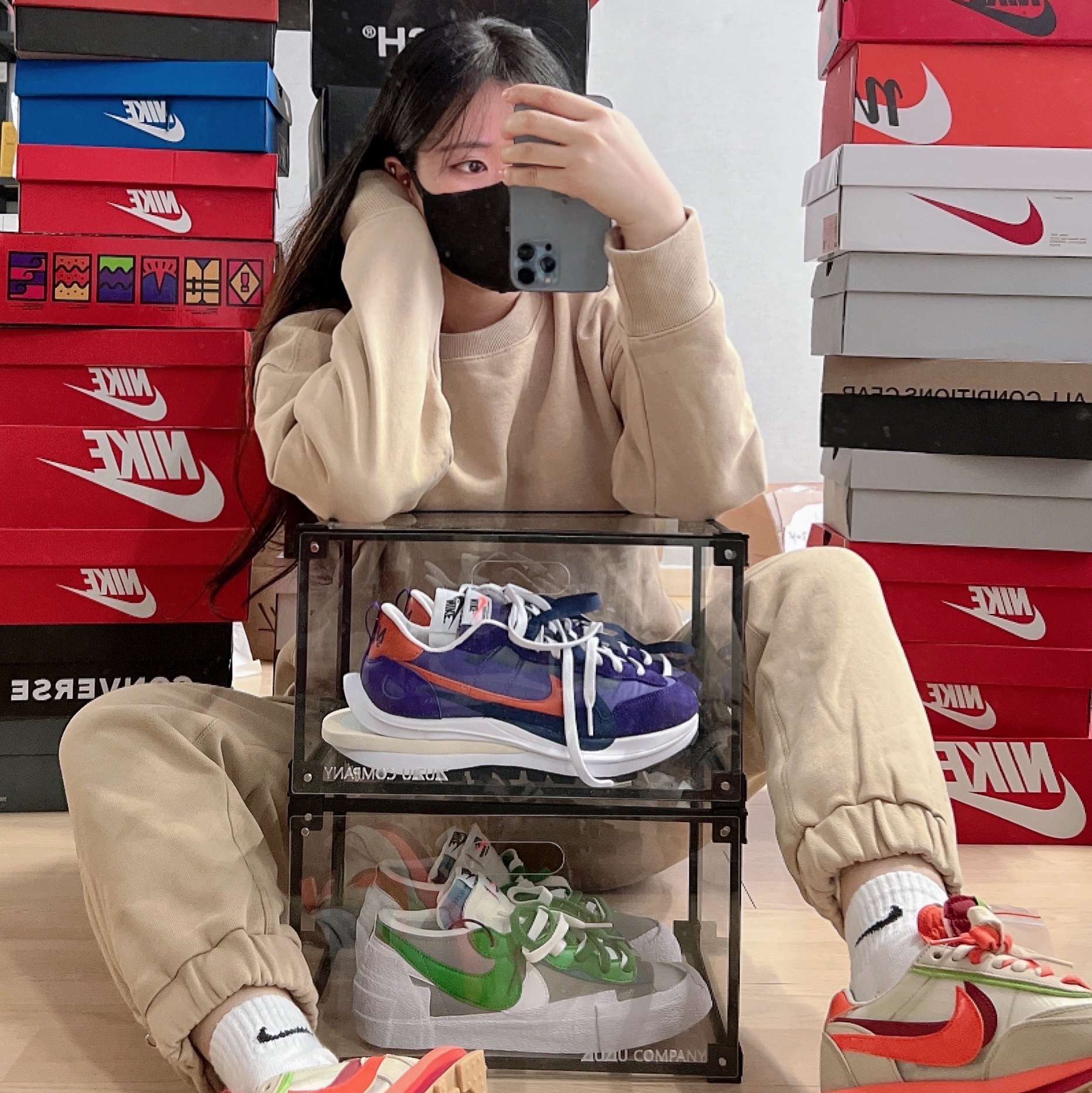 Nike x Sacai x Clot LDWaffle Orange Blaze, Nike x Sacai VaporWaffle Dark Iris 착용 스타일