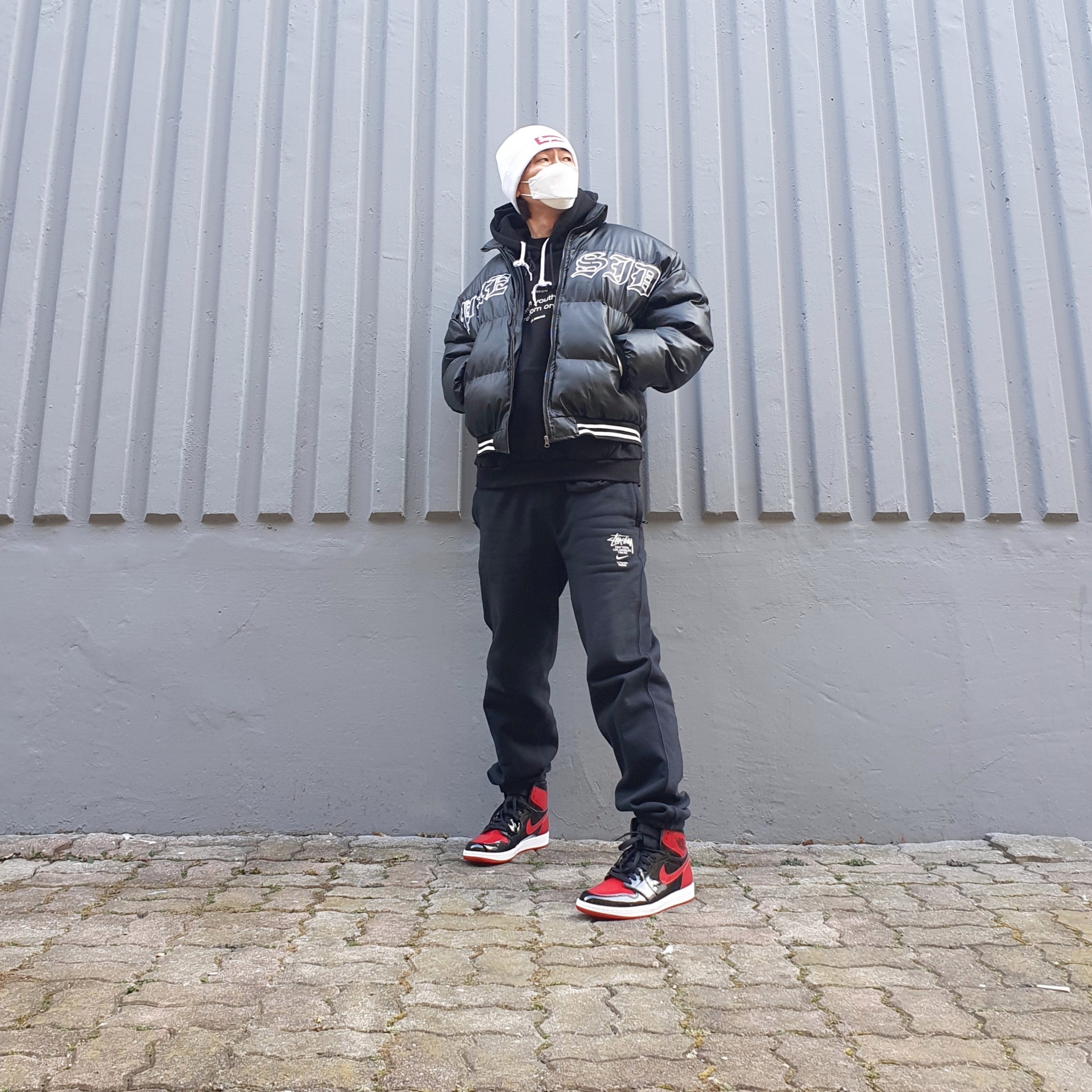 Nike x Stussy NRG ZR Fleece Pants Black - US/EU, Jordan 1 Retro High OG Patent Bred 착용 스타일