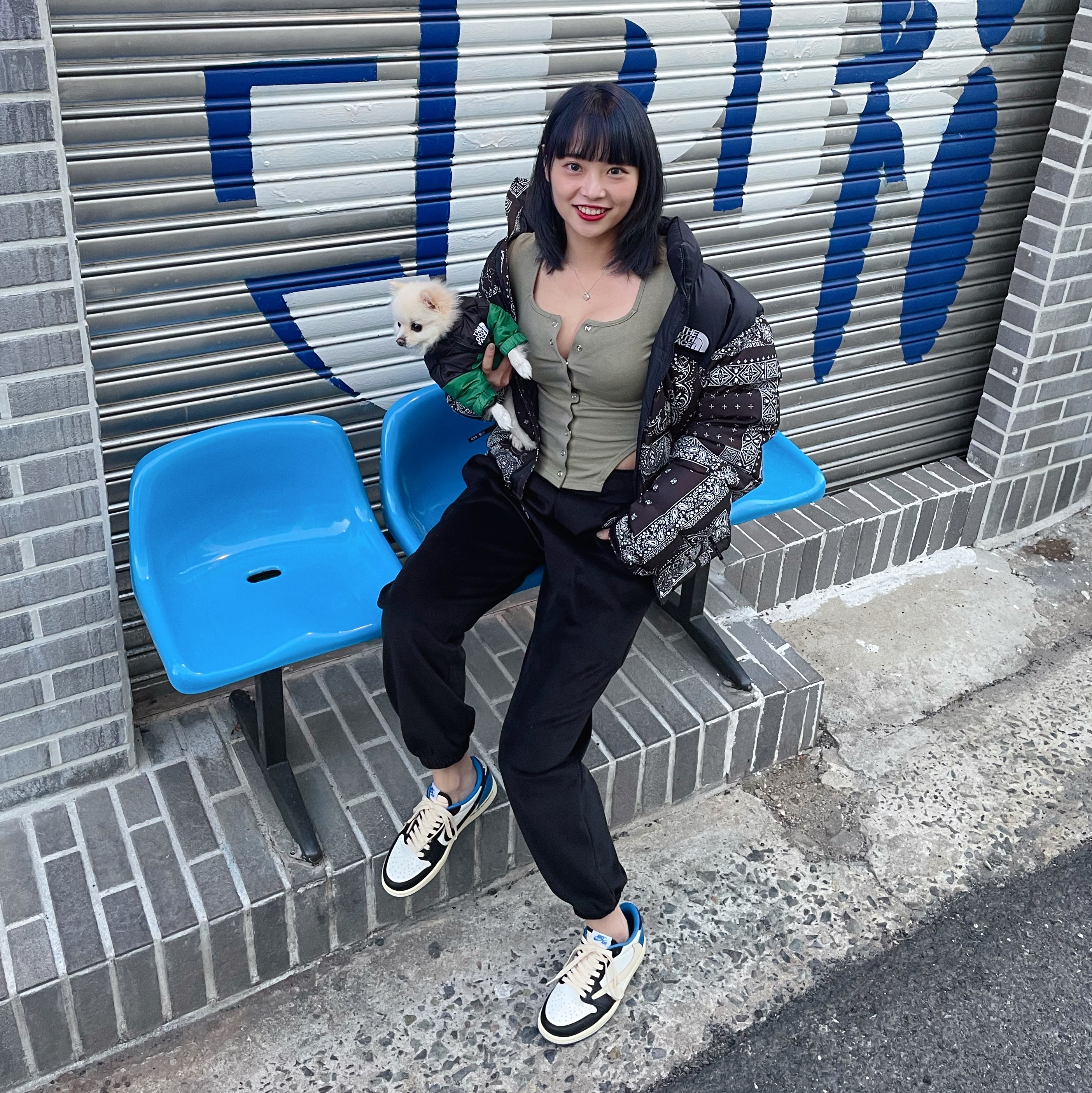 Jordan 1 x Travis Scott x Fragment Retro Low OG SP Military Blue, The North Face 1996 Novelty Nuptse Jacket Real Black - 21FW 착용 스타일 - 1