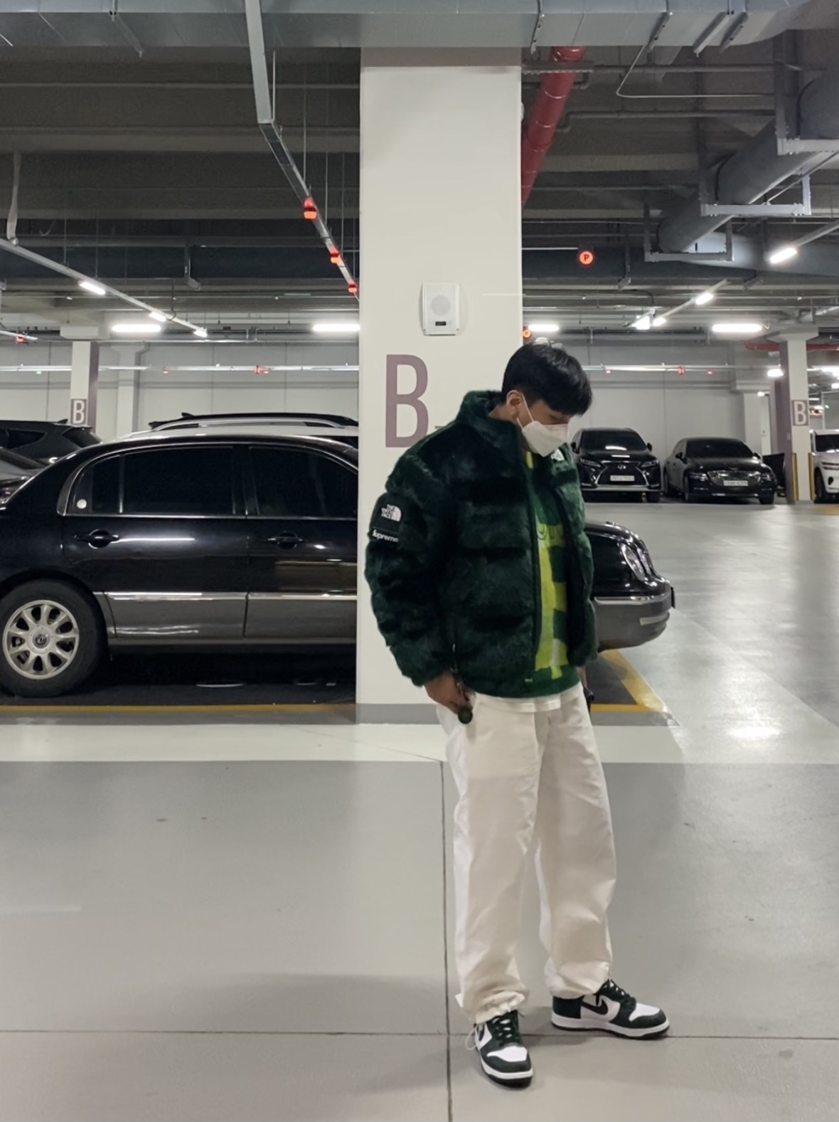 Supreme x The North Face Faux Fur Nuptse Jacket Green - 20FW, Nike Dunk High SP Spartan Green 착용 스타일 - 1