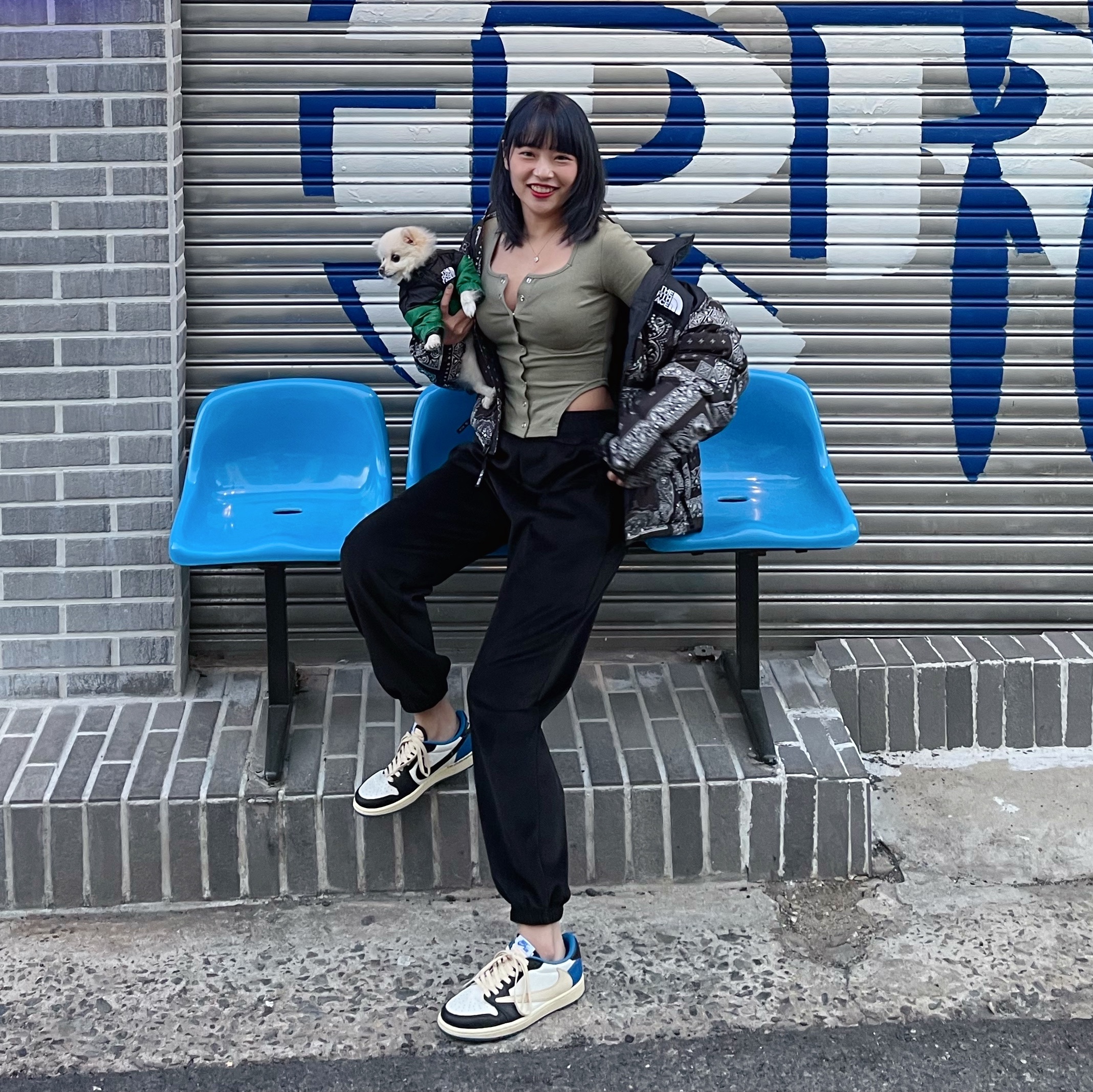 Jordan 1 x Travis Scott x Fragment Retro Low OG SP Military Blue, The North Face 1996 Novelty Nuptse Jacket Real Black - 21FW 착용 스타일 - 2
