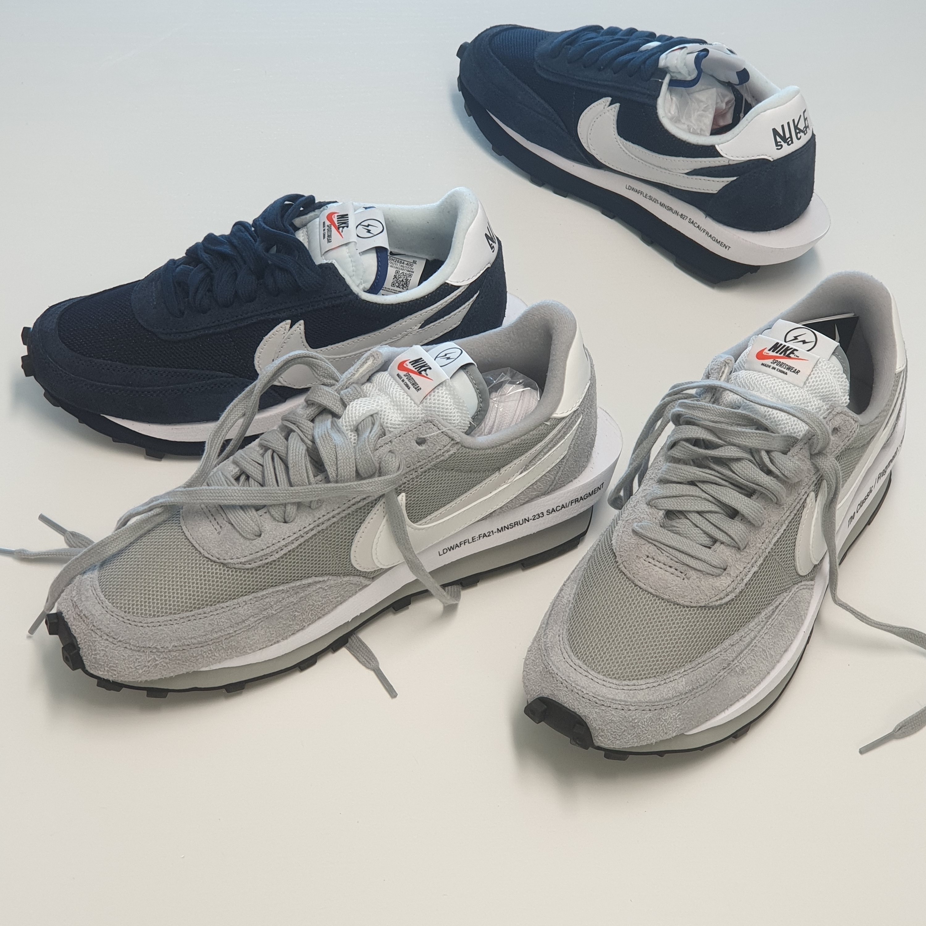 Nike x Sacai x Fragment LDWaffle Light Smoke Grey, Nike x Sacai x Fragment LDWaffle Blackened Blue 착용 스타일 - 2