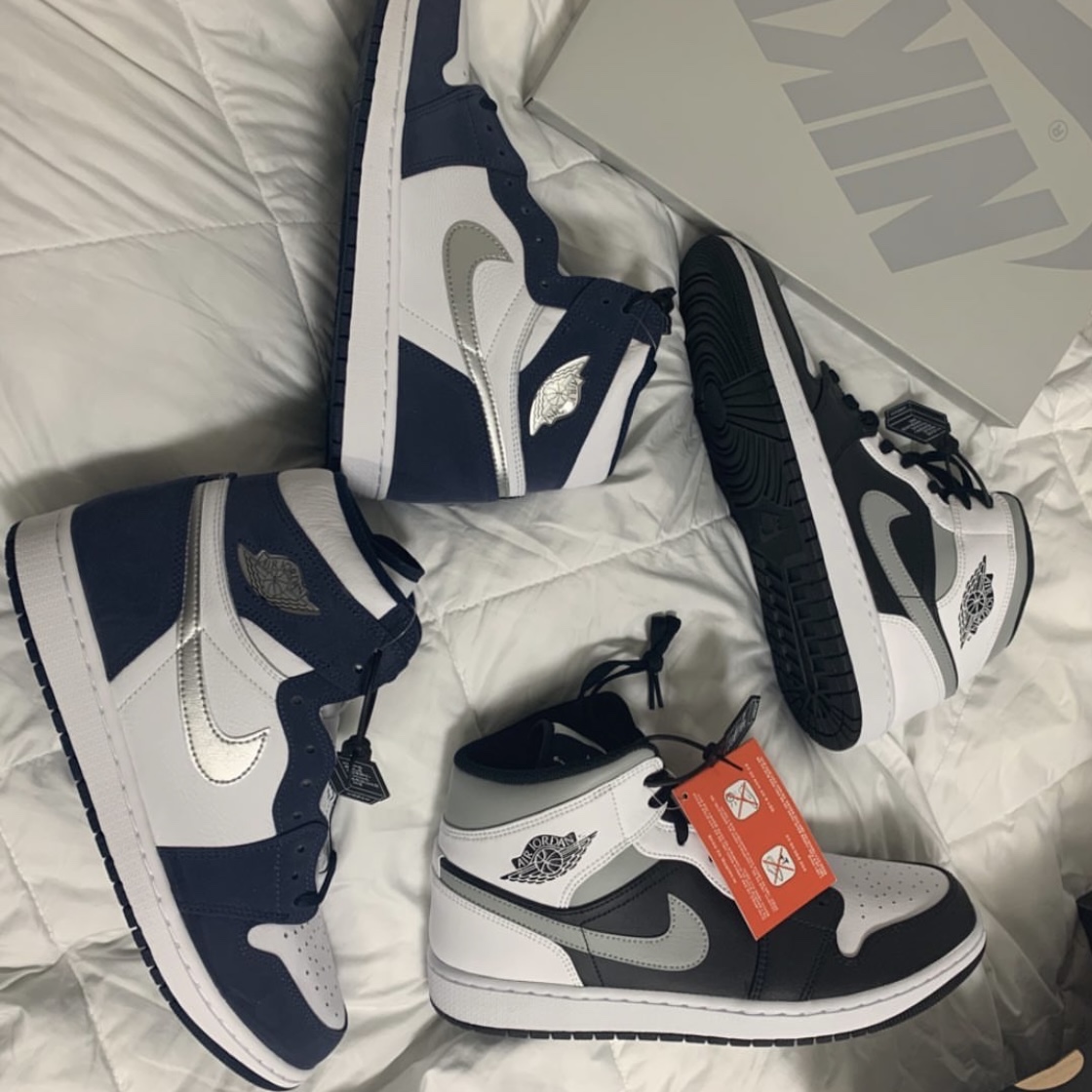 Jordan 1 Retro High OG CO.JP Midnight Navy, Jordan 1 Mid White Shadow 착용 스타일