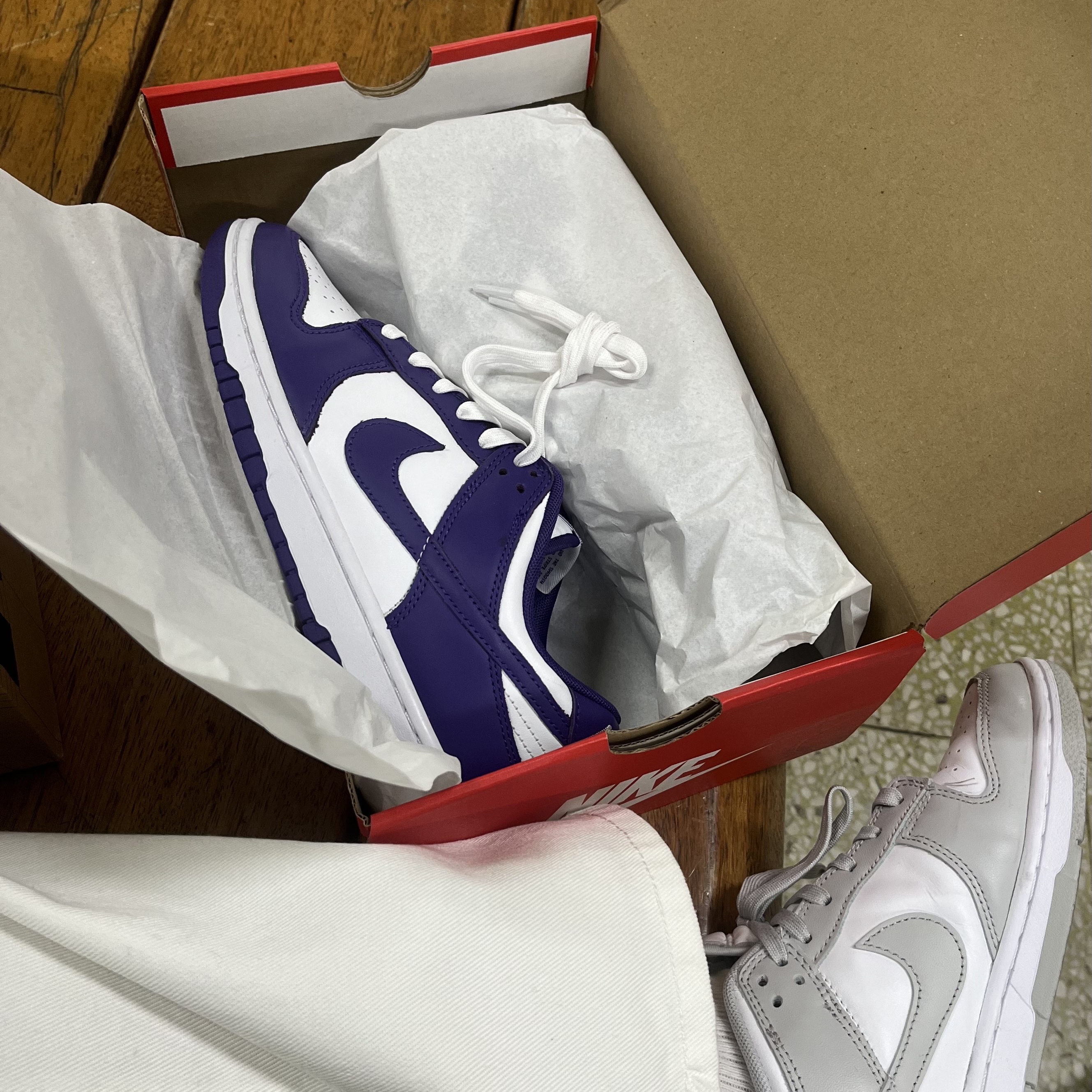 Nike Dunk Low Retro Championship Court Purple, Nike Dunk Low Retro Grey Fog 착용 스타일