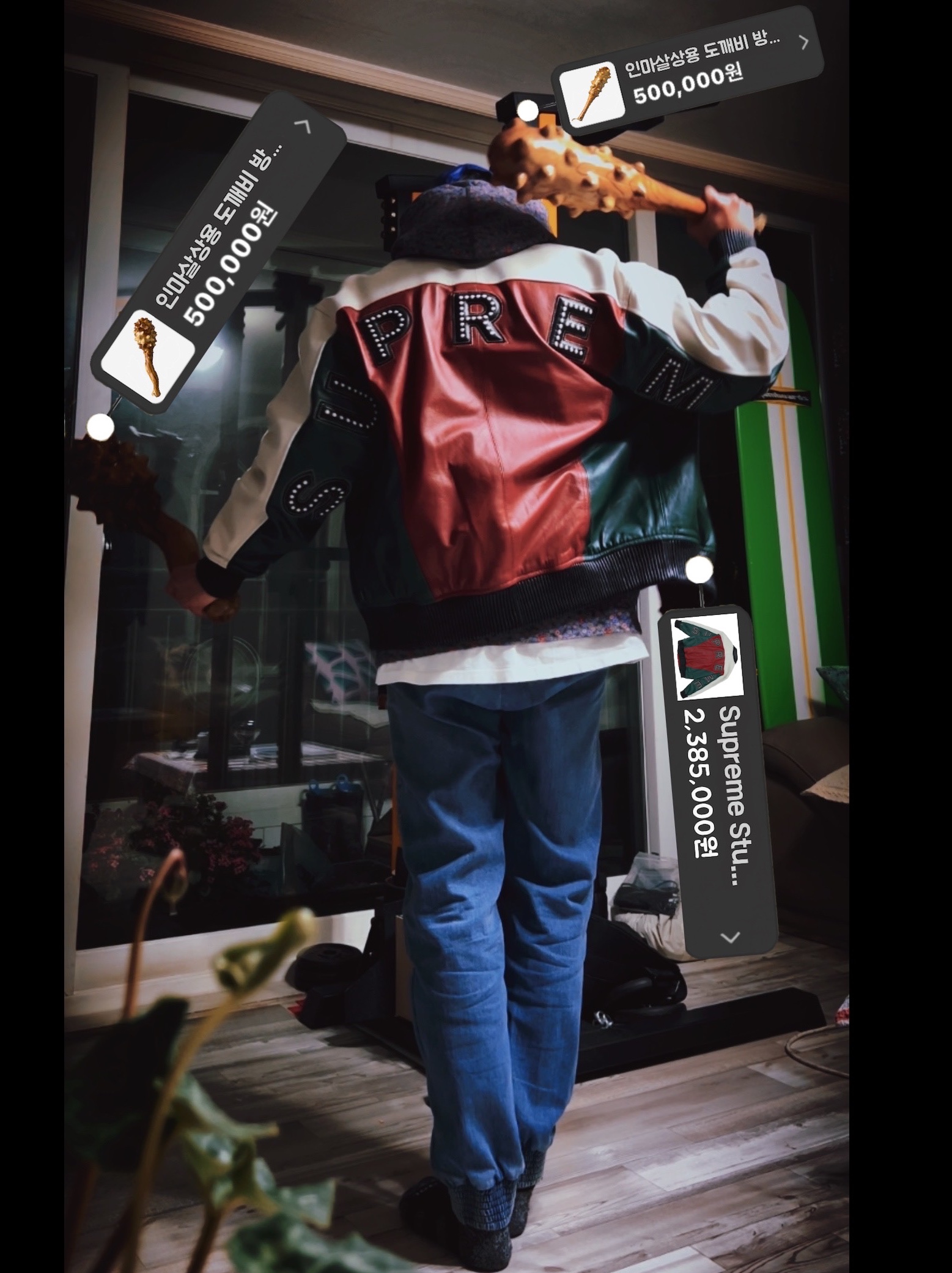 Supreme Leather Camp Cap Royal - 21SS, Supreme x Comme des Garcons Junya Watanabe Man Hooded Sweatshirt Black Flowers - 21FW 착용 스타일 - 5