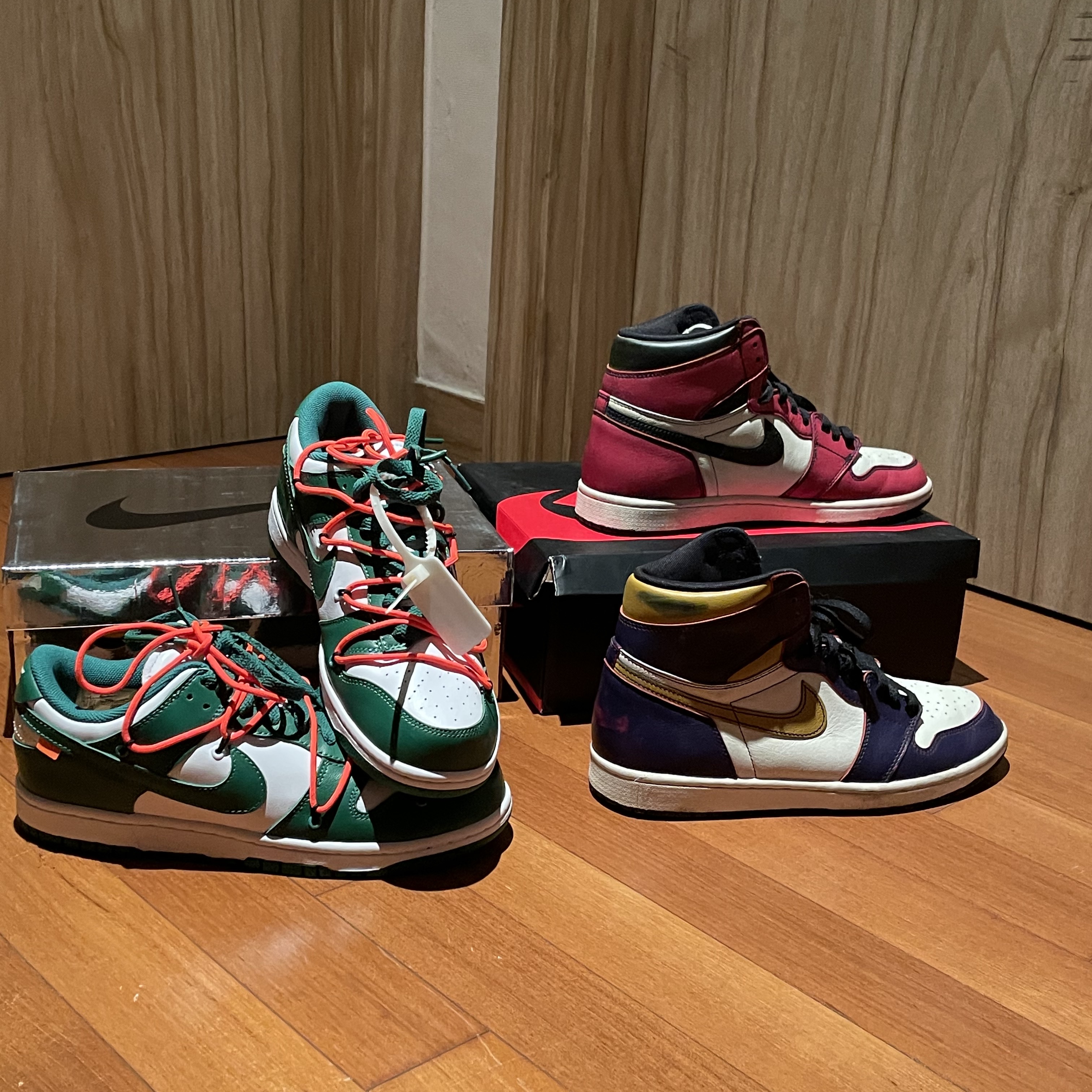 Nike x Off-White Dunk Low Pine Green, Jordan 1 Retro High OG Defiant SB LA to Chicago 착용 스타일