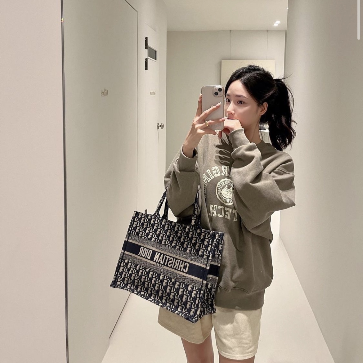 Dior Medium Book Tote Blue Dior Oblique Embroidery 착용 스타일