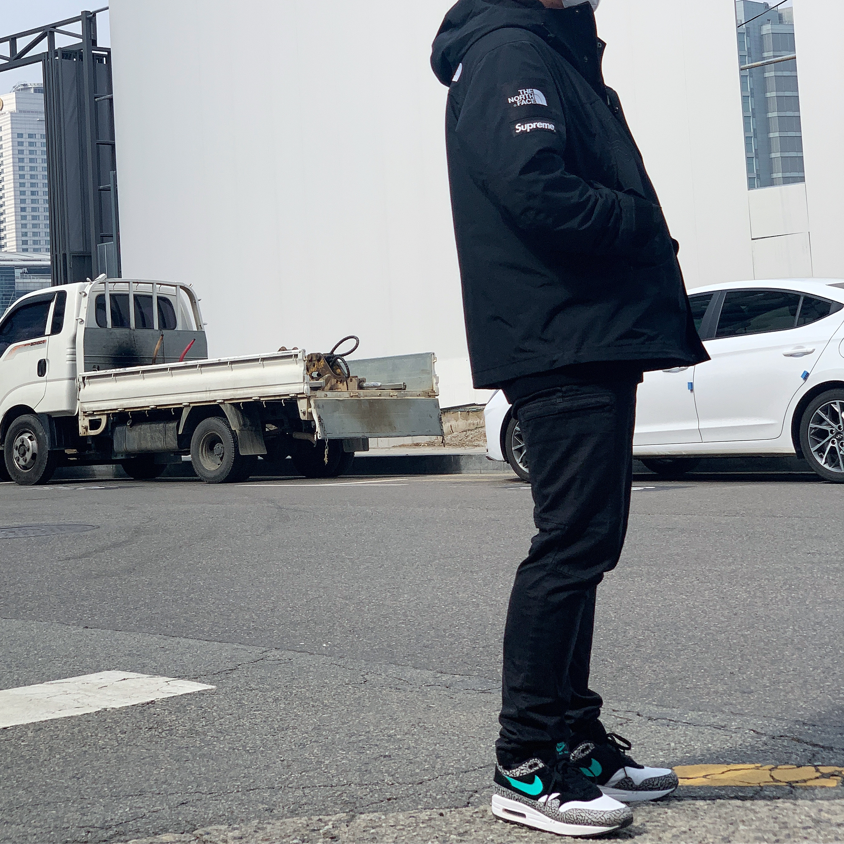 Supreme x The North Face Arc Logo Mountain Parka Black - 19SS, NIke x Atmos Air Max 1 Elephant 2017 착용 스타일