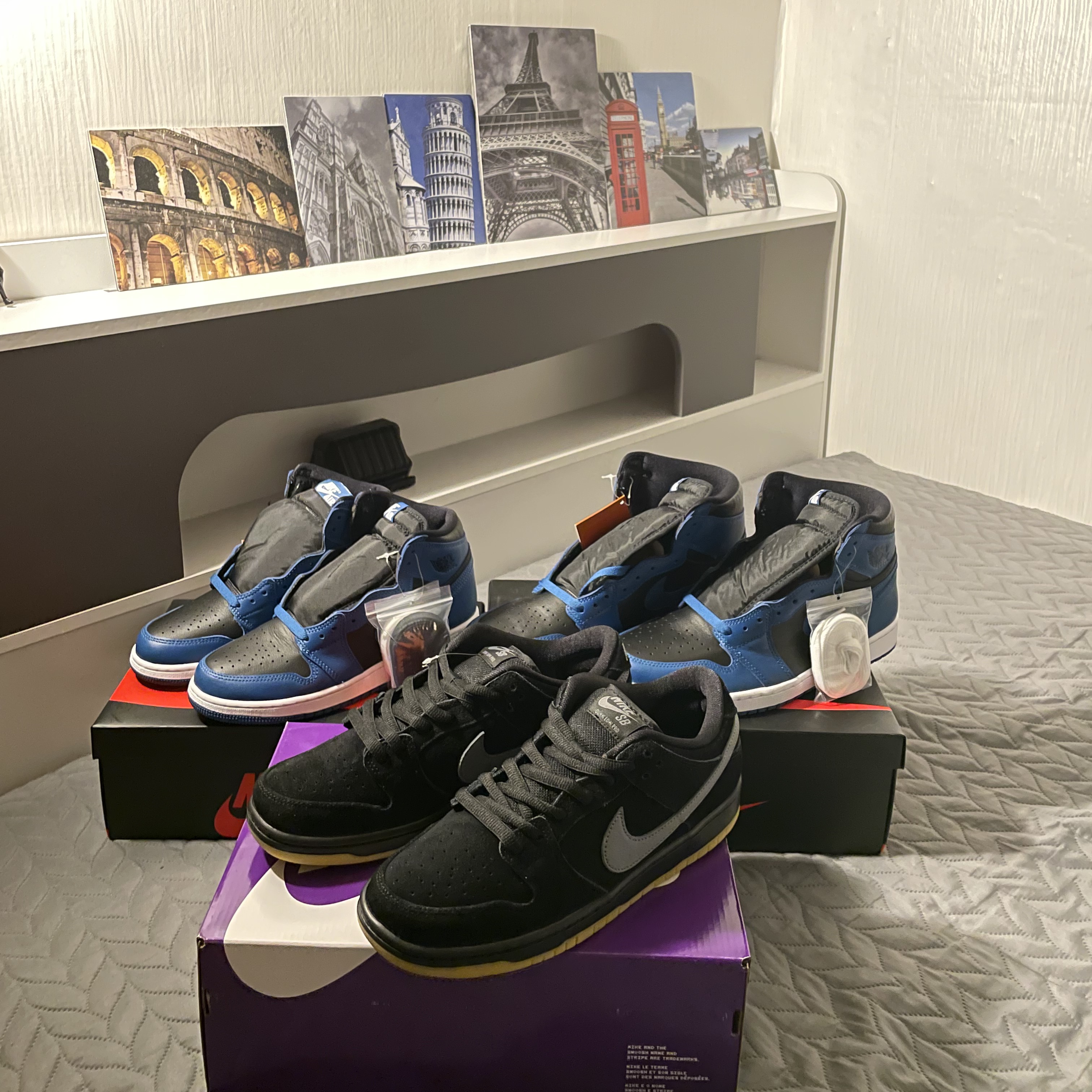 Jordan 1 Retro High OG Dark Marina Blue, Nike SB Dunk Low Pro Black Cool Grey 착용 스타일