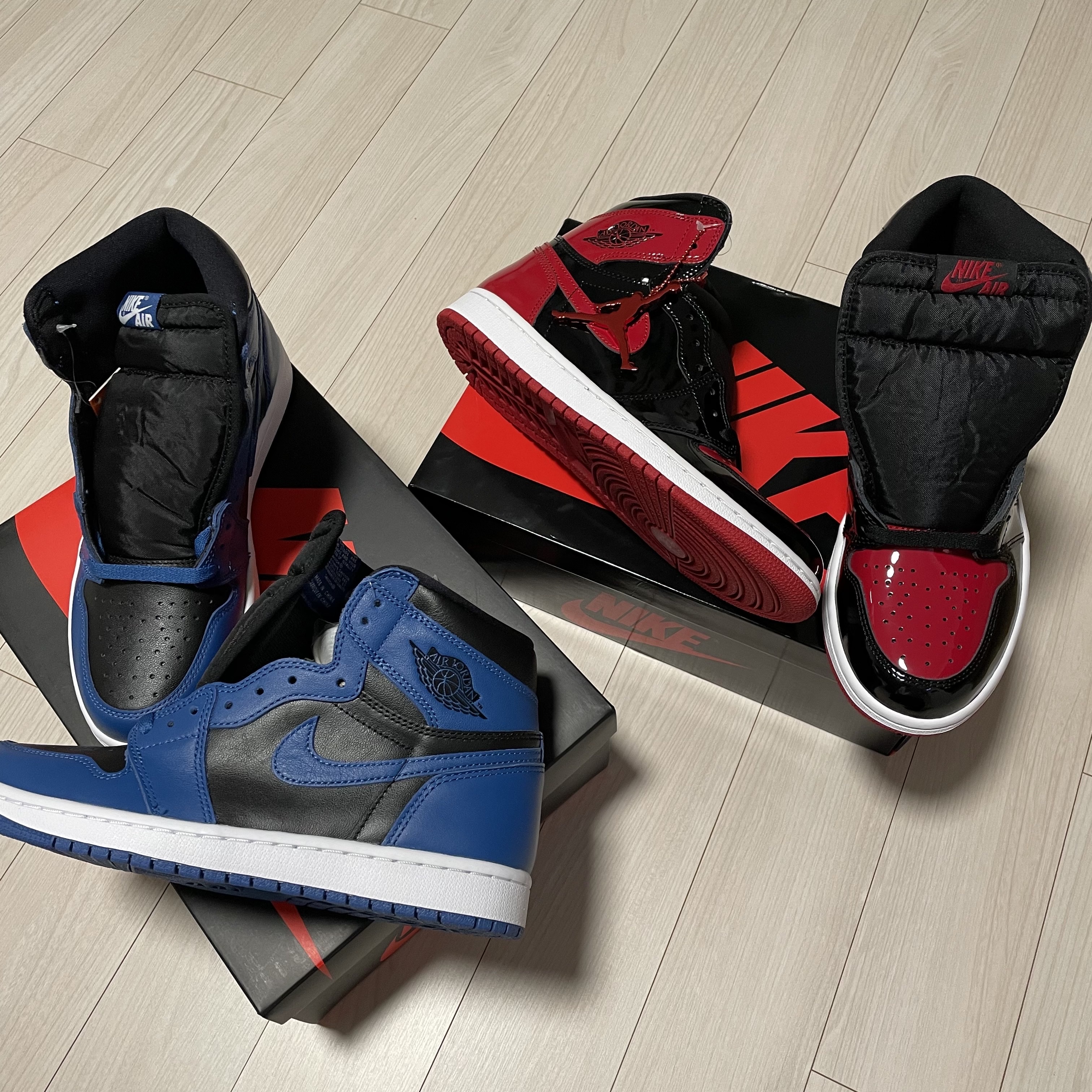 Jordan 1 Retro High OG Dark Marina Blue, Jordan 1 Retro High OG Patent Bred 착용 스타일