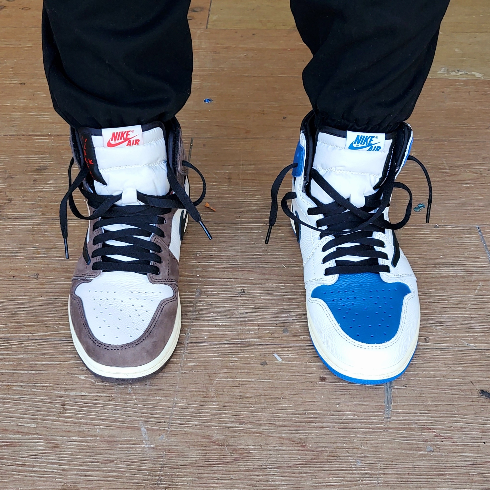 Jordan 1 x Travis Scott Retro High OG SP Mocha, Jordan 1 x Travis Scott x Fragment Retro High OG SP Military Blue 착용 스타일 - 1
