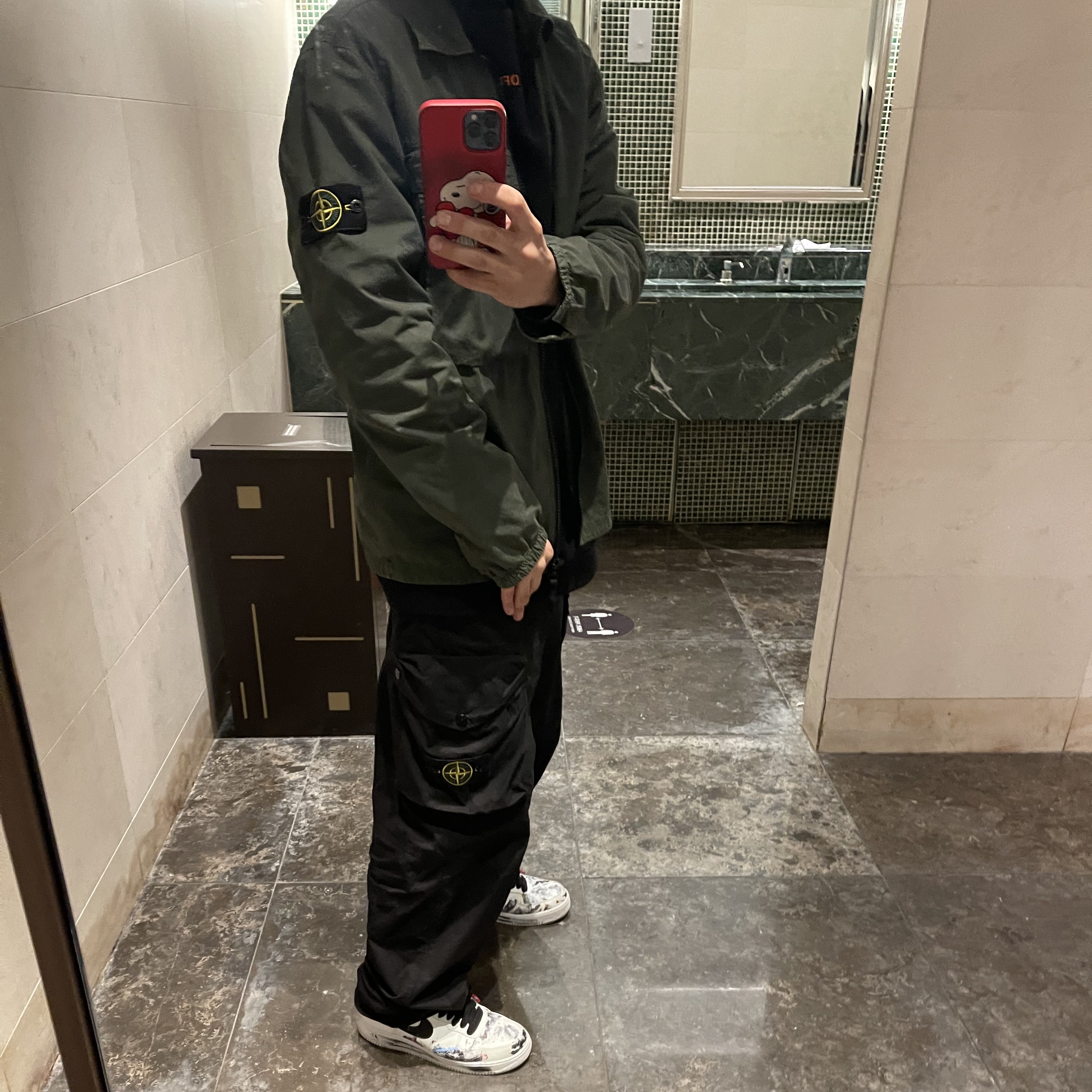 Nike x Peaceminusone Air Force 1 Low Para-Noise 2.0, Stone Island 30203 Cargo Pants 5 Pockets Black - 21SS 착용 스타일