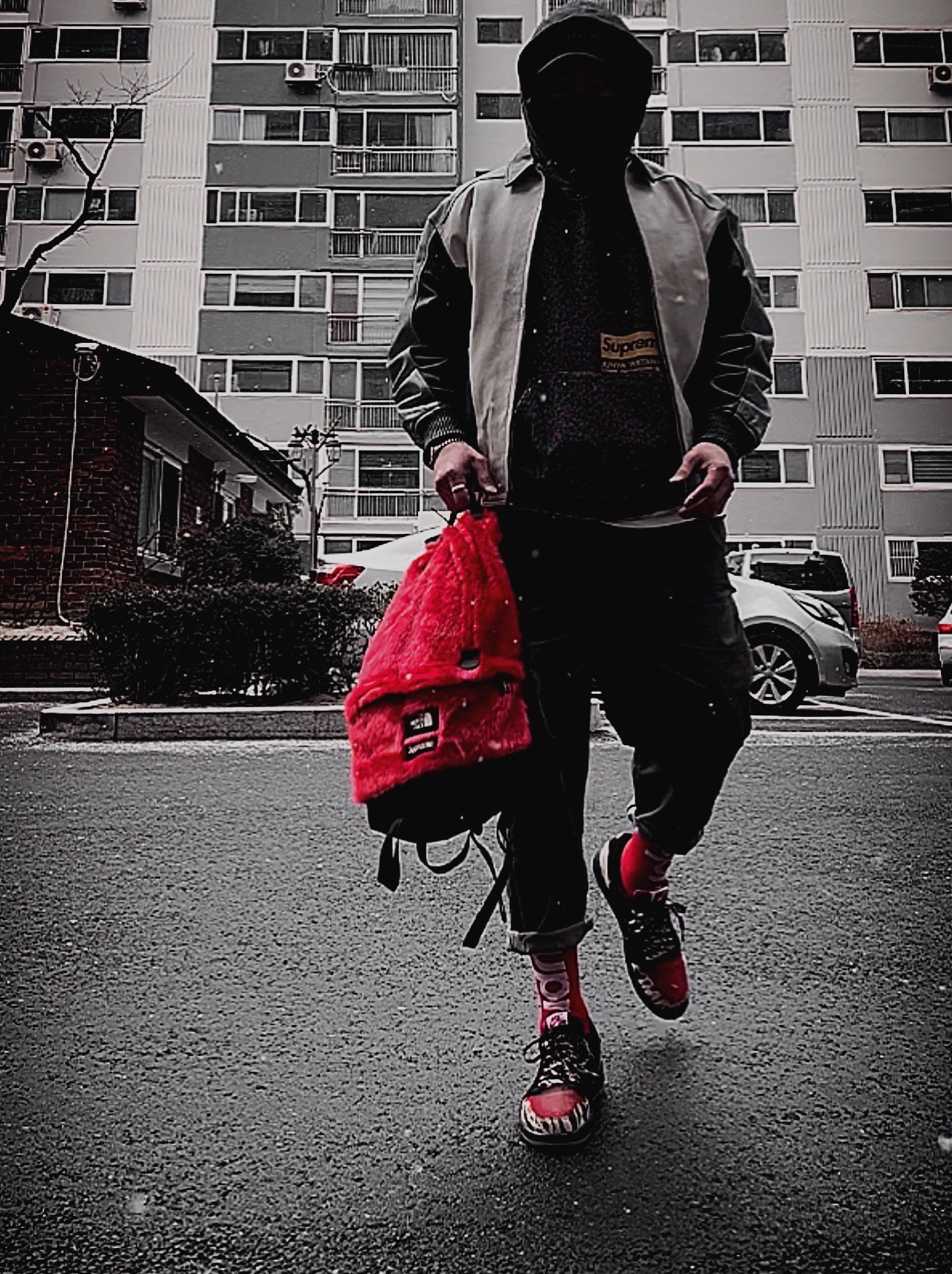 Supreme x Comme des Garcons Junya Watanabe Man Hooded Sweatshirt Black Flowers - 21FW, Supreme x The North Face Faux Fur Backpack Red - 20FW ์ฐฉ์ฉ ์คํ์ผ - 3