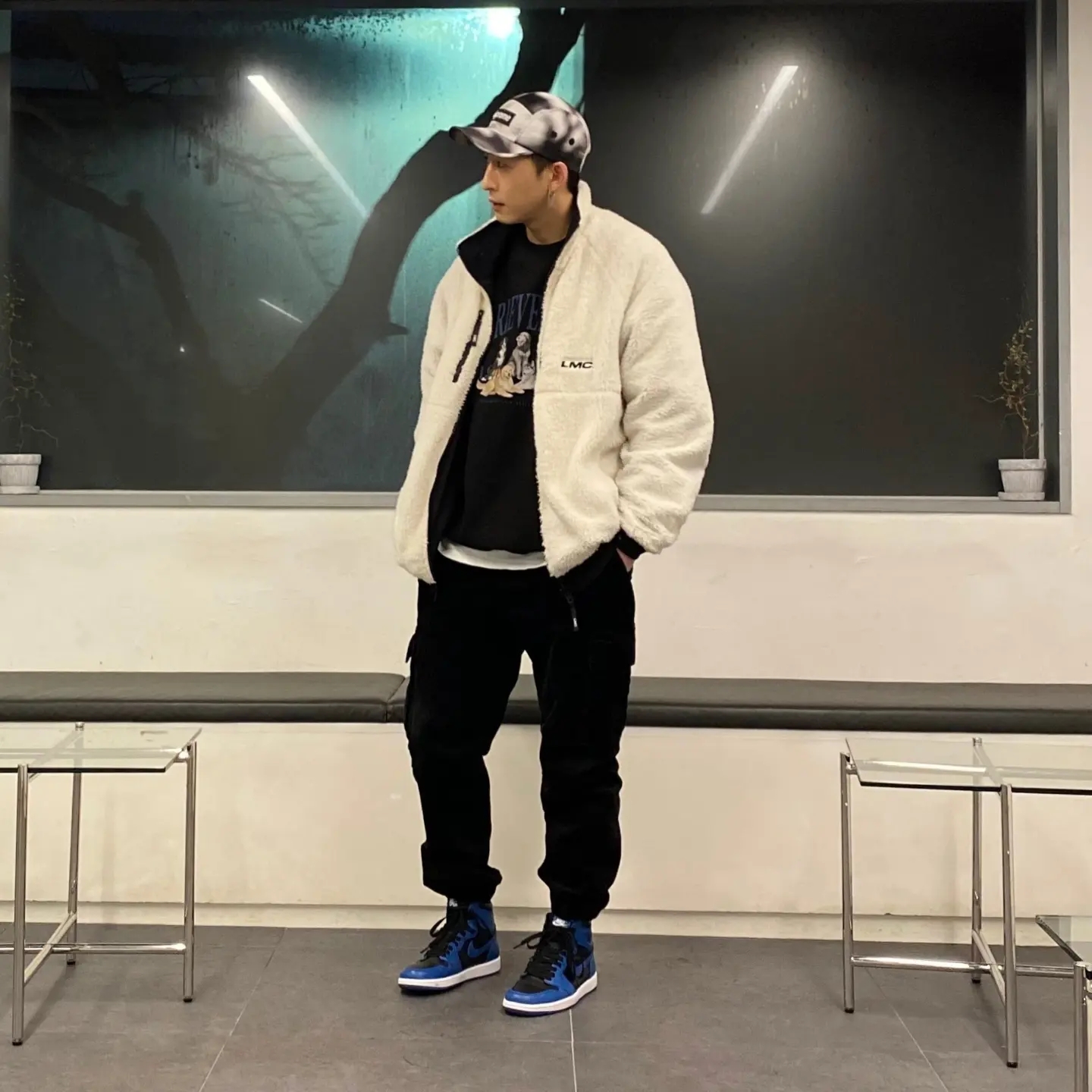 Jordan 1 Retro High OG Dark Marina Blue, Supreme Washed Satin Camo Camp Cap Snow Camo - 21SS 착용 스타일 - 3