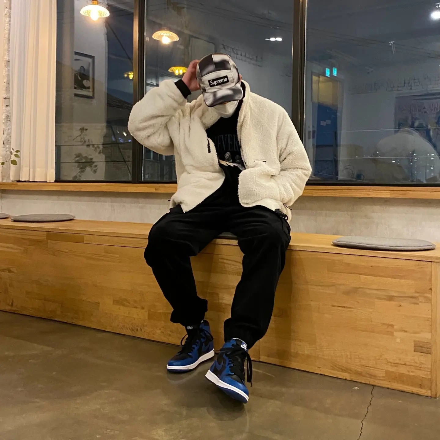 Jordan 1 Retro High OG Dark Marina Blue, Supreme Washed Satin Camo Camp Cap Snow Camo - 21SS 착용 스타일 - 2