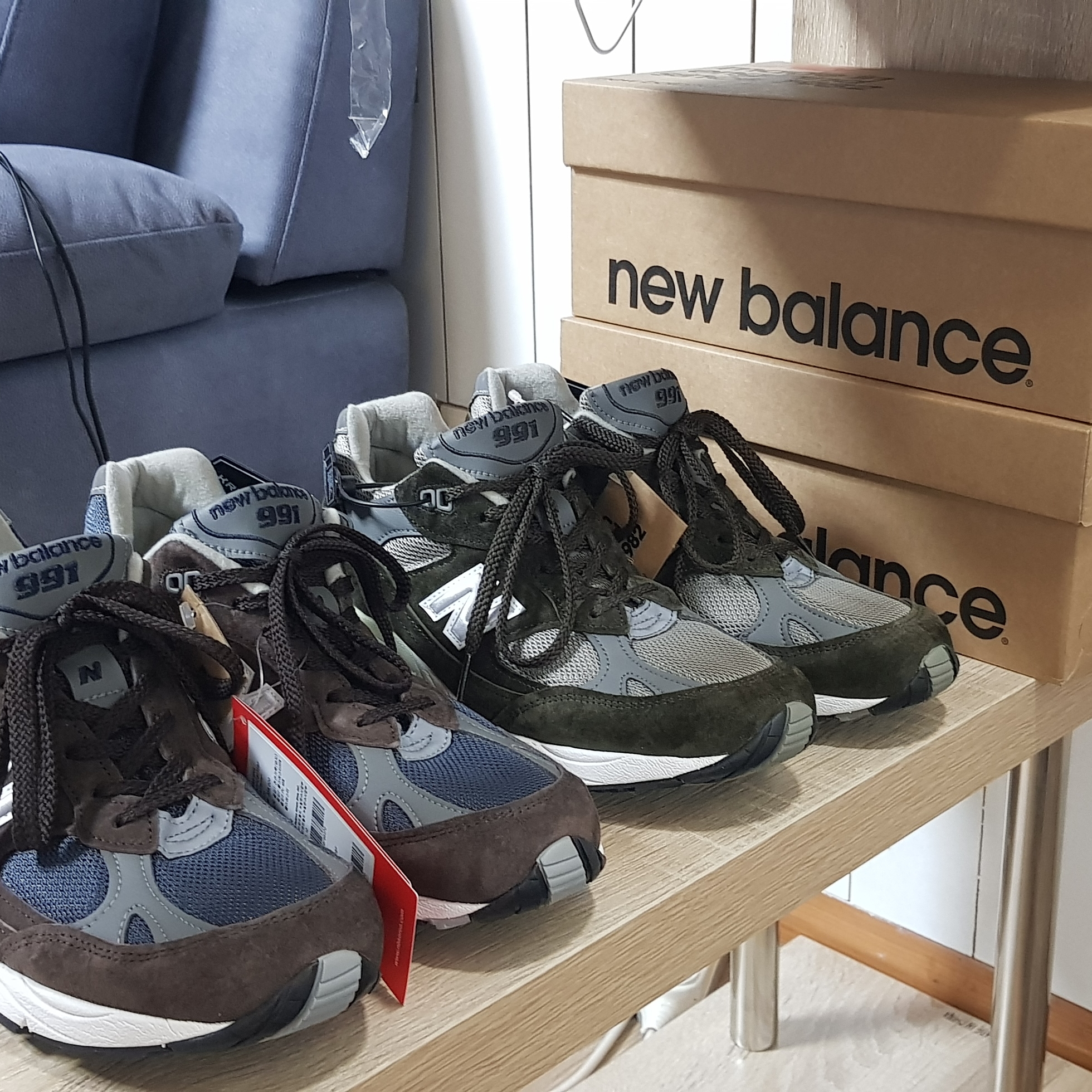 New Balance 991 Made in UK Dark Green, New Balance 991 Made in UK Brown 착용 스타일