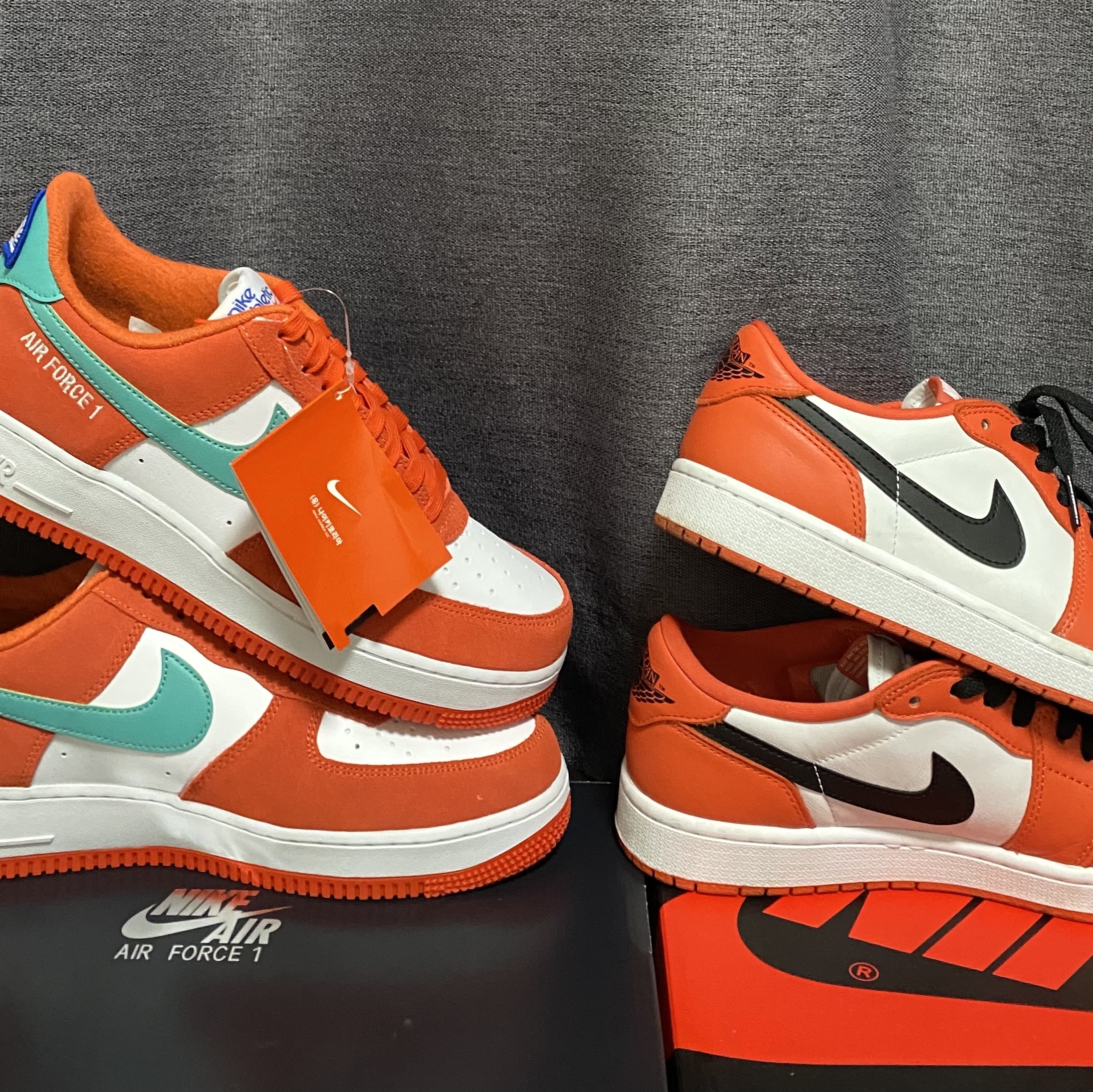 Nike Air Force 1 '07 LV8 Athletic Club Rush Orange Washed Teal, Jordan 1 Low OG Starfish 착용 스타일