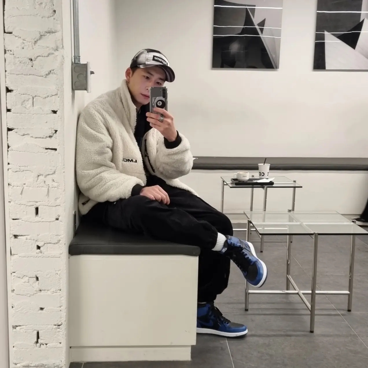 Jordan 1 Retro High OG Dark Marina Blue, Supreme Washed Satin Camo Camp Cap Snow Camo - 21SS 착용 스타일 - 4