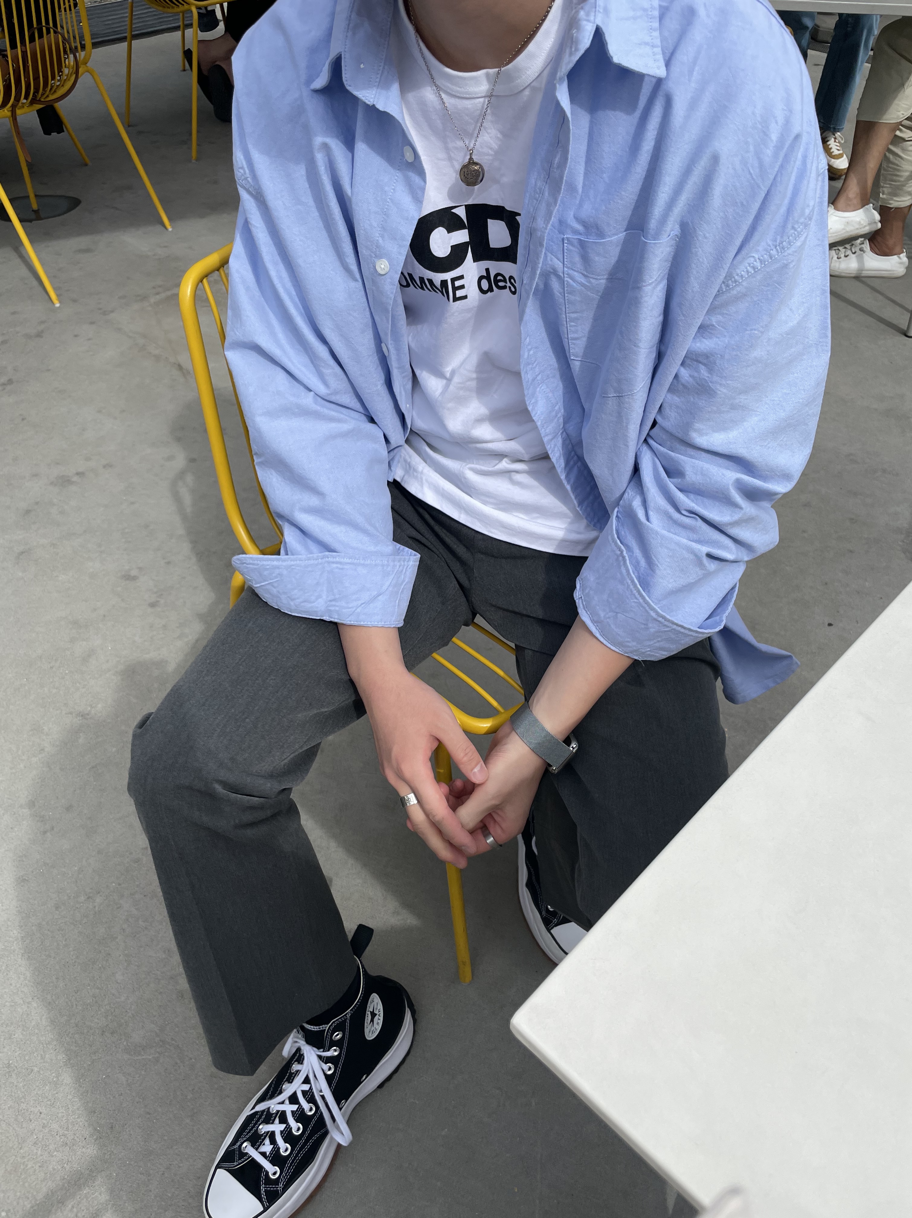 Converse Run Star Hike Hi Black White Gum, CDG Logo T-Shirt White 착용 스타일